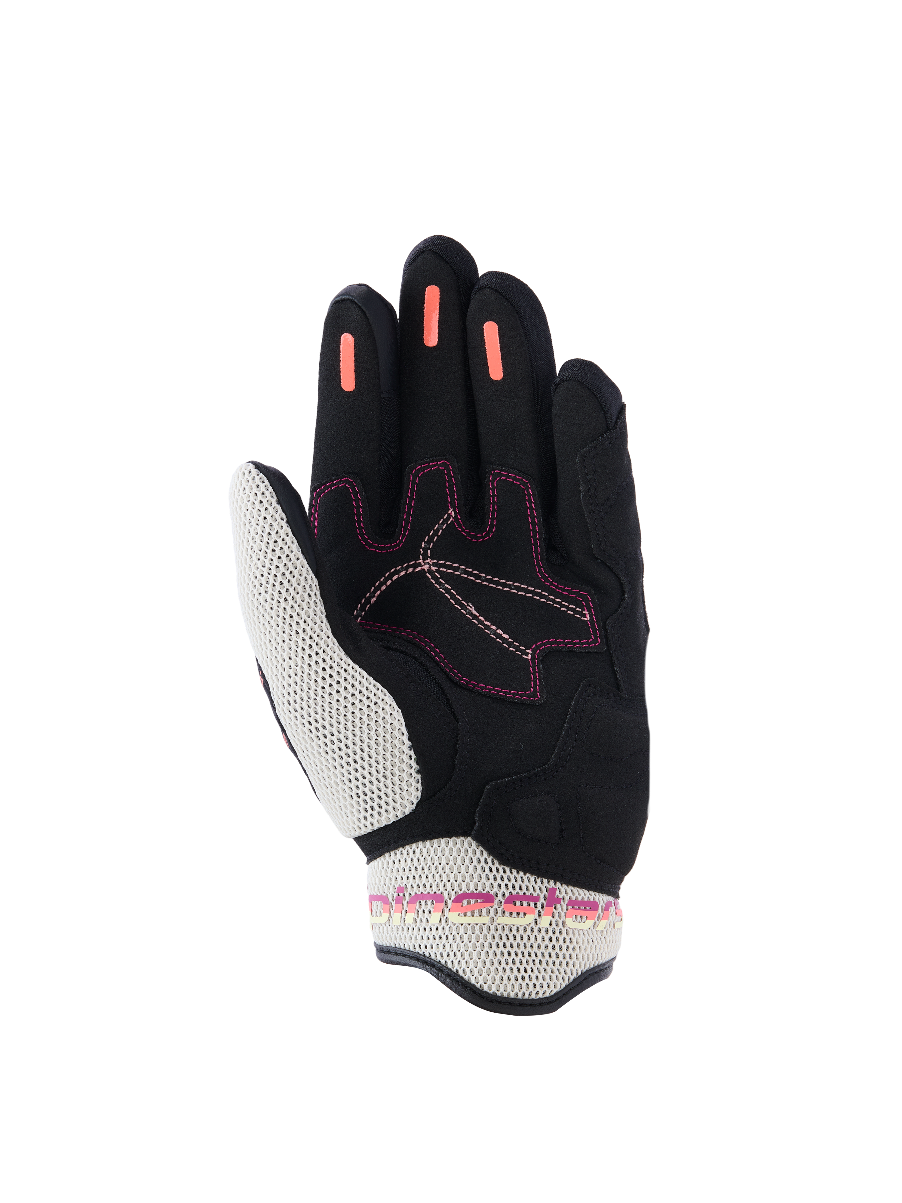 Alpinestars Stella Mogress Airflow Damen-Handschuhe, Motorradhandschuhe, Schwarz Ecru Fading Coral, Handflächenansicht mit weißem 3D-Mesh an Daumen und Bündchen, korallenroten Silikon-Grip-Streifen an den Fingern und pinkfarbenen Nahtakzenten