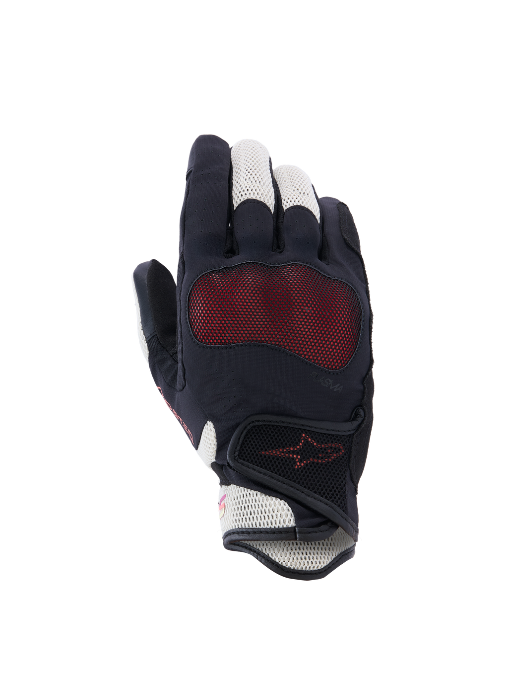 Alpinestars Stella Mogress Airflow Handschuhe, Damen-Motorradhandschuhe, Schwarz, Ecru und Fading Coral, Handrückenansicht mit 3D-Mesh-Einsätzen, Nucleon Plasma Knöchelschutz und Klettverschluss am Handgelenk.