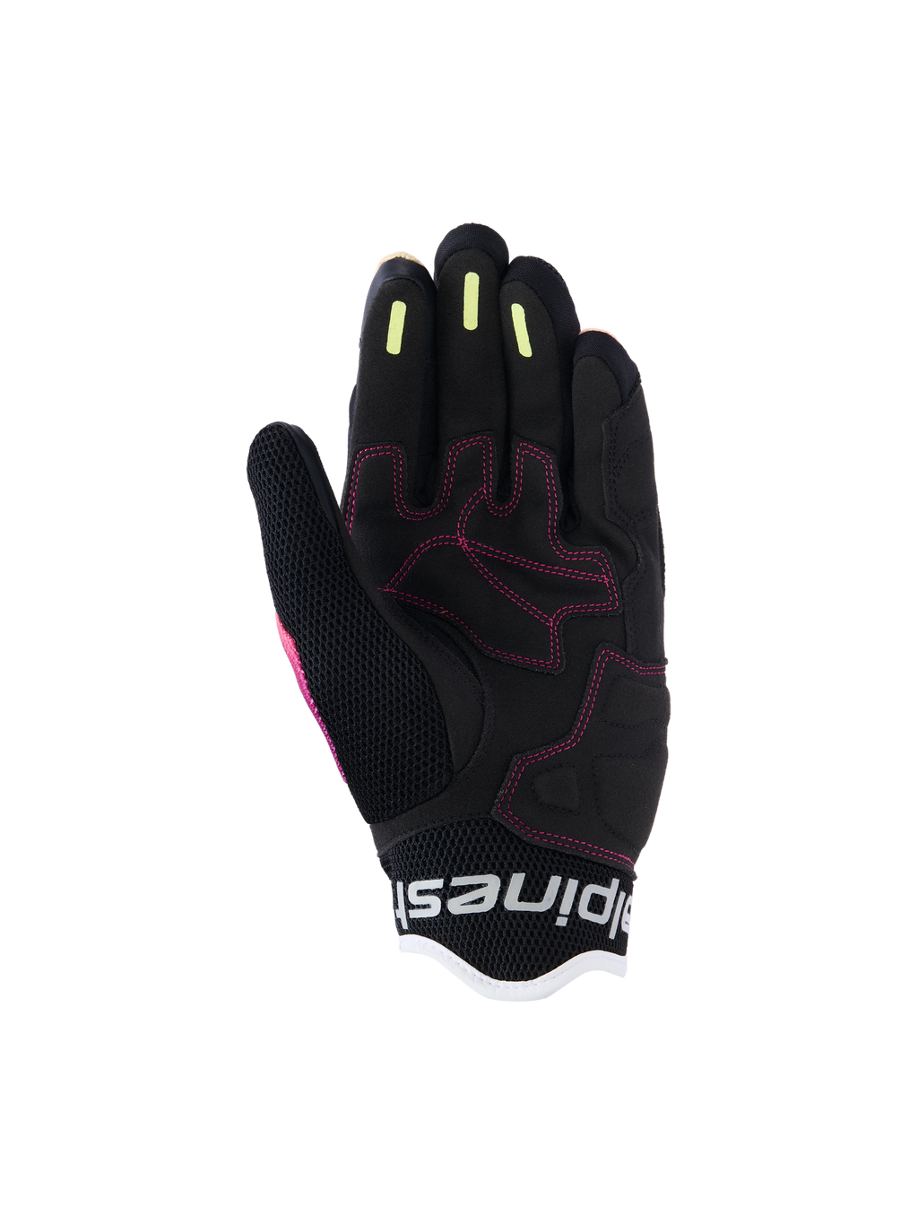 Alpinestars Stella Mogress Airflow Damen-Handschuhe, Urbane Motorradhandschuhe, Fading Coral Black, Detailansicht der Handfläche mit pinkfarbenen Nähten, gelbe Silikon-Grip-Streifen an den Fingern, atmungsaktive Mesh-Konstruktion