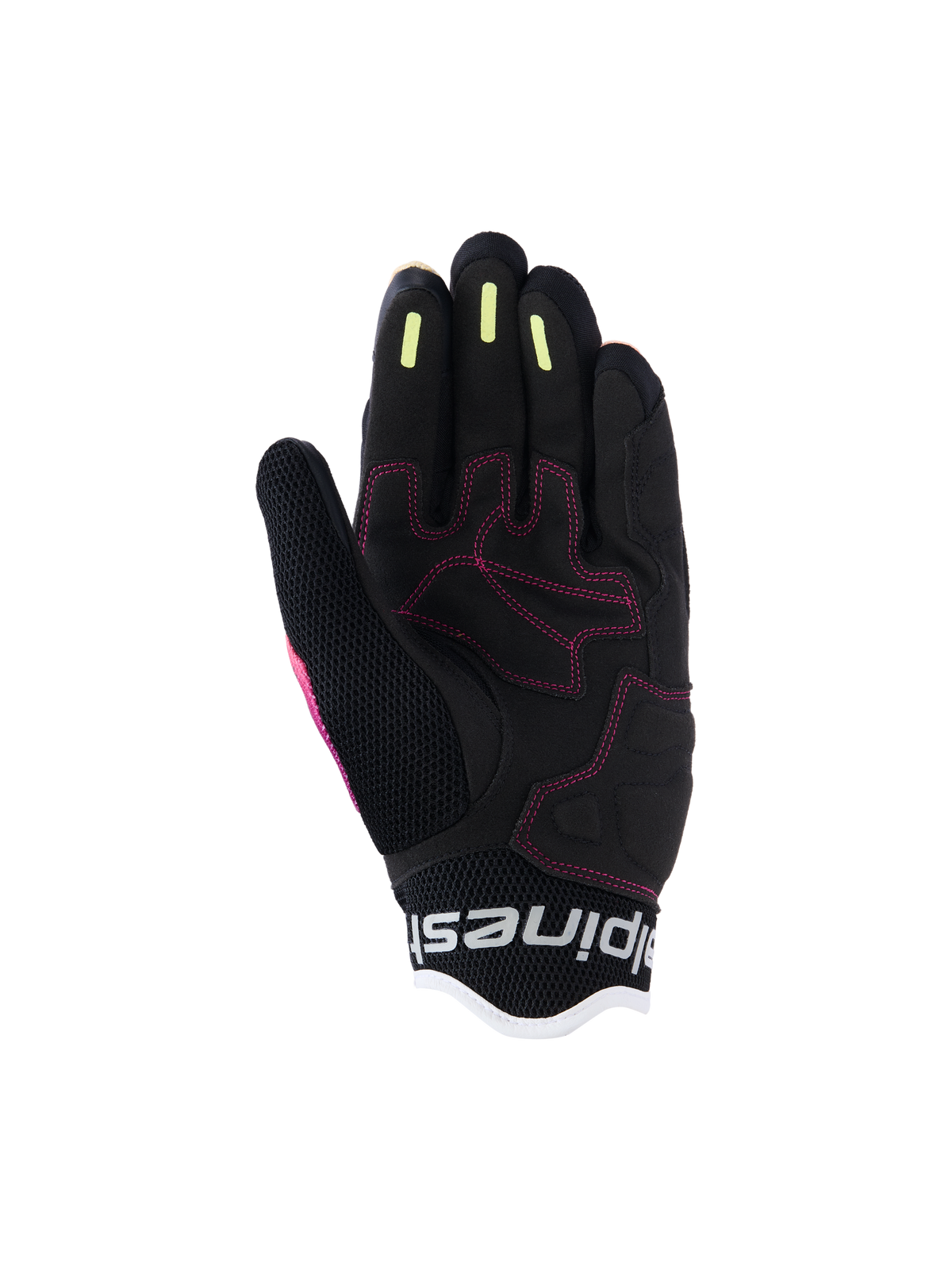 Alpinestars Stella Mogress Airflow Damen-Handschuhe, Urbane Motorradhandschuhe, Fading Coral Black, Detailansicht der Handfläche mit pinkfarbenen Nähten, gelbe Silikon-Grip-Streifen an den Fingern, atmungsaktive Mesh-Konstruktion