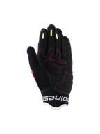 Alpinestars Stella Mogress Airflow Damen-Handschuhe, Urbane Motorradhandschuhe, Fading Coral Black, Detailansicht der Handfläche mit pinkfarbenen Nähten, gelbe Silikon-Grip-Streifen an den Fingern, atmungsaktive Mesh-Konstruktion