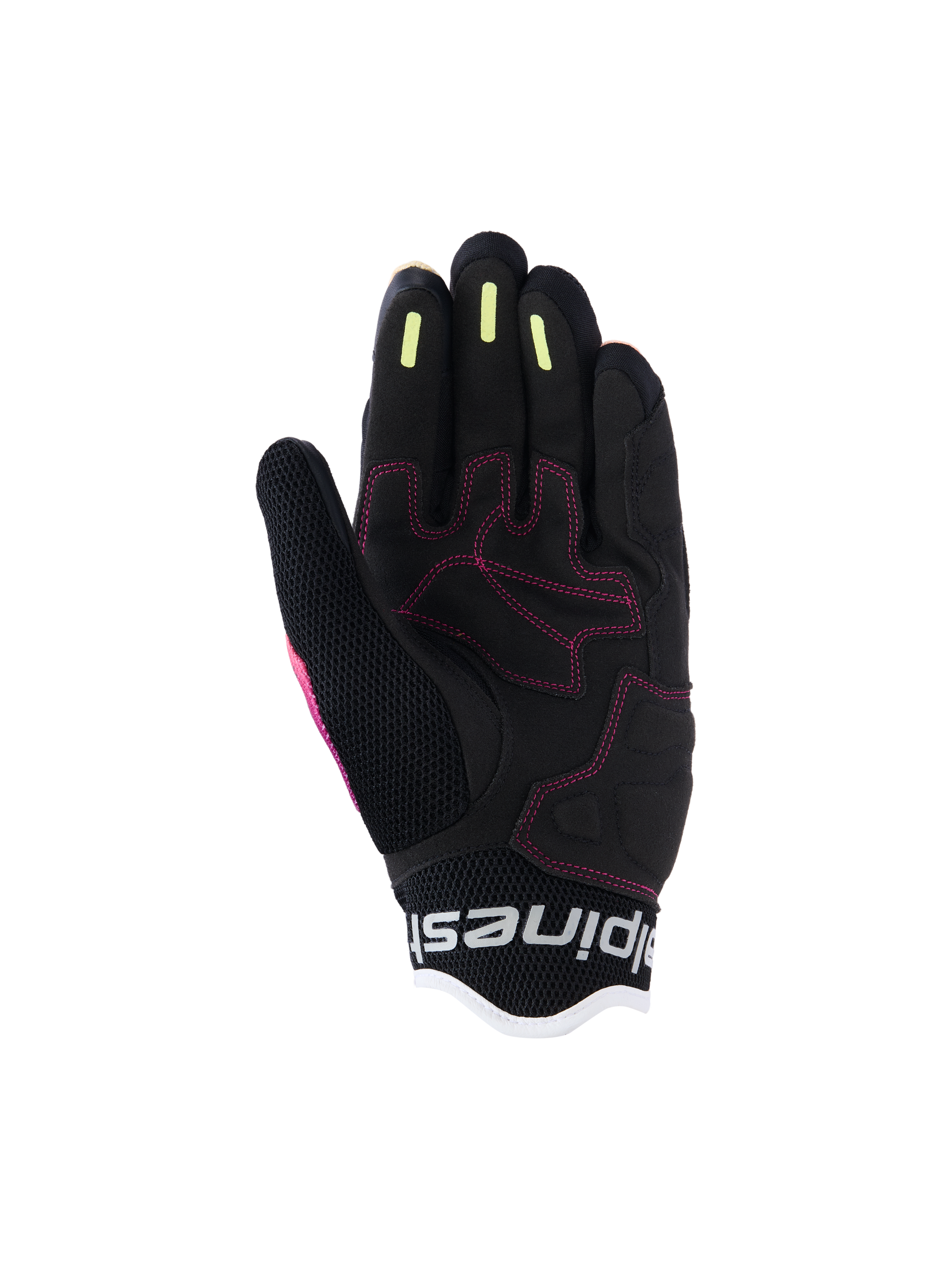 Alpinestars Stella Mogress Airflow Damen-Handschuhe, Urbane Motorradhandschuhe, Fading Coral Black, Detailansicht der Handfläche mit pinkfarbenen Nähten, gelbe Silikon-Grip-Streifen an den Fingern, atmungsaktive Mesh-Konstruktion