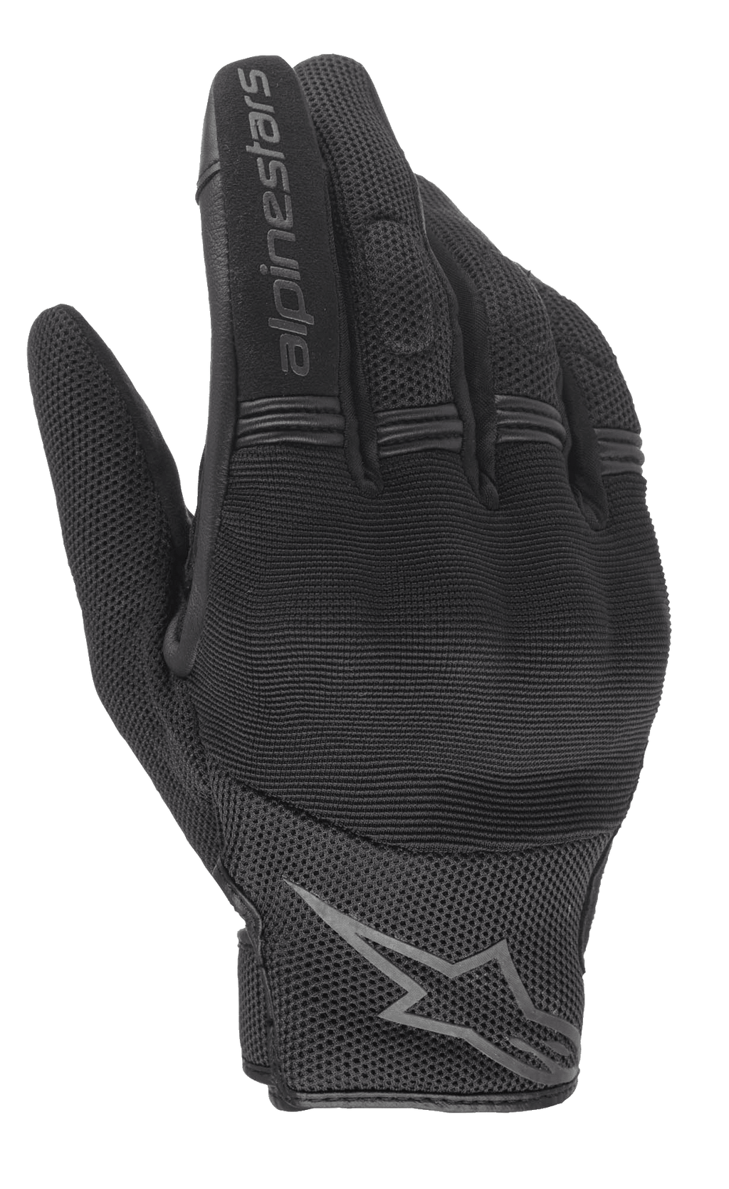 Alpinestars Stella Copper Damen-Handschuhe, schwarze urbane Motorradhandschuhe, Rückhandansicht mit Hartschalen-Knöchelschutz, atmungsaktivem Mesh-Textil und Alpinestars-Branding auf dem Zeigefinger und am Handgelenk.