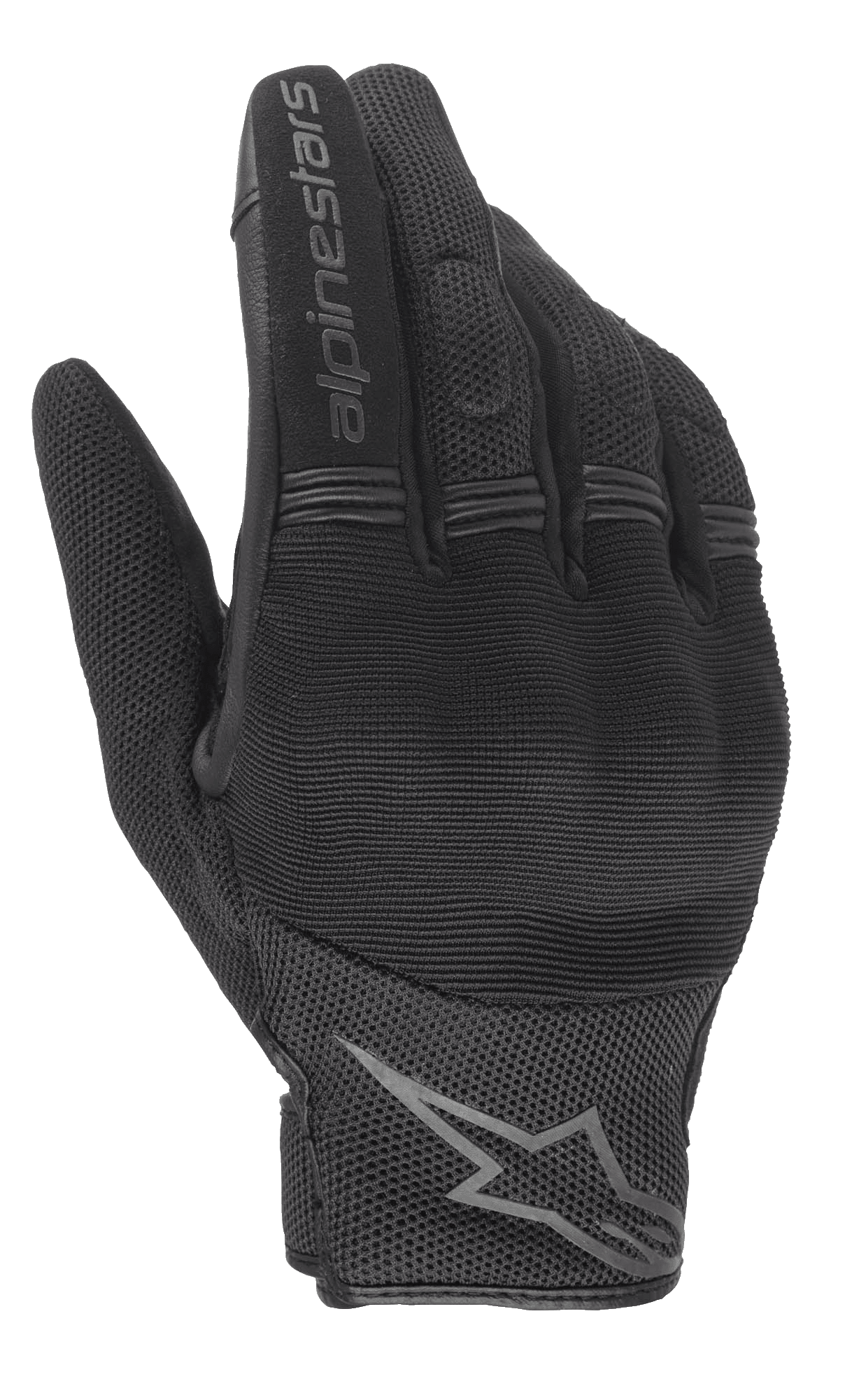 Alpinestars Stella Copper Damen-Handschuhe, schwarze urbane Motorradhandschuhe, Rückhandansicht mit Hartschalen-Knöchelschutz, atmungsaktivem Mesh-Textil und Alpinestars-Branding auf dem Zeigefinger und am Handgelenk.
