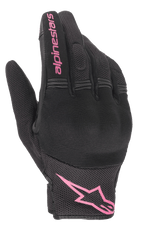 Alpinestars Stella Copper Handschuhe, Damen-Motorradhandschuhe, Schwarz und Fuchsia, pinkes Alpinestars-Logo am Handgelenk und Schriftzug auf dem Finger, Mesh- und Textildesign mit gepolstertem Knöchelbereich, urbane Fahrerausrüstung