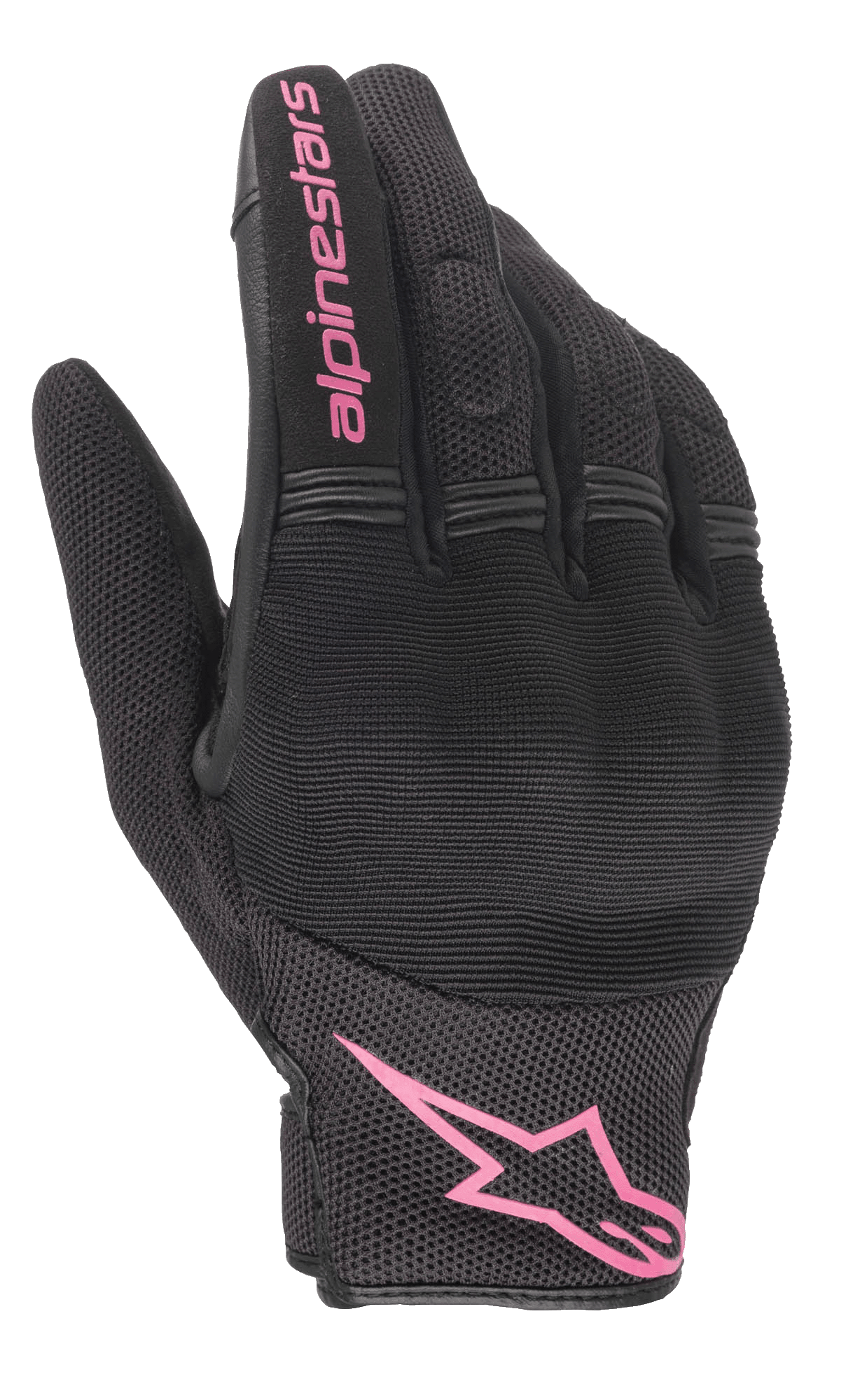 Alpinestars Stella Copper Handschuhe, Damen-Motorradhandschuhe, Schwarz und Fuchsia, pinkes Alpinestars-Logo am Handgelenk und Schriftzug auf dem Finger, Mesh- und Textildesign mit gepolstertem Knöchelbereich, urbane Fahrerausrüstung