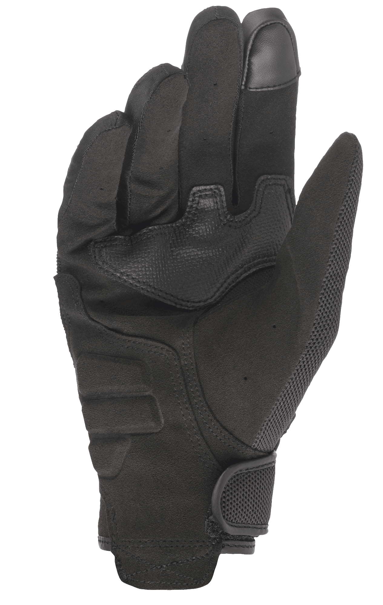 Alpinestars Stella Copper Damen-Handschuhe - Schwarz, Innenansicht, mit einer Handfläche aus vollsynthetischem Wildleder mit Verstärkungspatches, Touchscreen-kompatibler Fingerspitze und Klettverschluss am Handgelenk