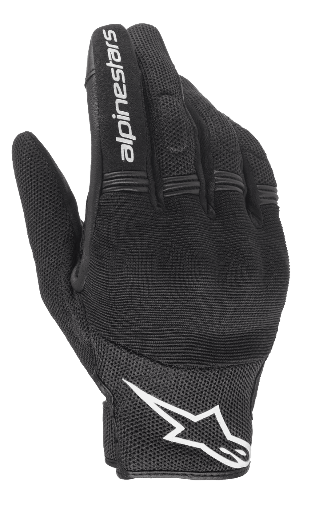 Alpinestars Stella Copper Damen-Handschuhe, Schwarz und Weiß, Rückhandansicht mit Mesh-Konstruktion und Hartschalen-Knöchelschutz unter Spandex, weißer Alpinestars-Schriftzug auf dem Zeigefinger und Logo am Handgelenk, urbane Motorradbekleidung mit kurzer Manschette.