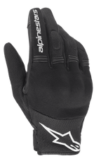 Alpinestars Stella Copper Damen-Handschuhe, Schwarz und Weiß, Rückhandansicht mit Mesh-Konstruktion und Hartschalen-Knöchelschutz unter Spandex, weißer Alpinestars-Schriftzug auf dem Zeigefinger und Logo am Handgelenk, urbane Motorradbekleidung mit kurzer Manschette.