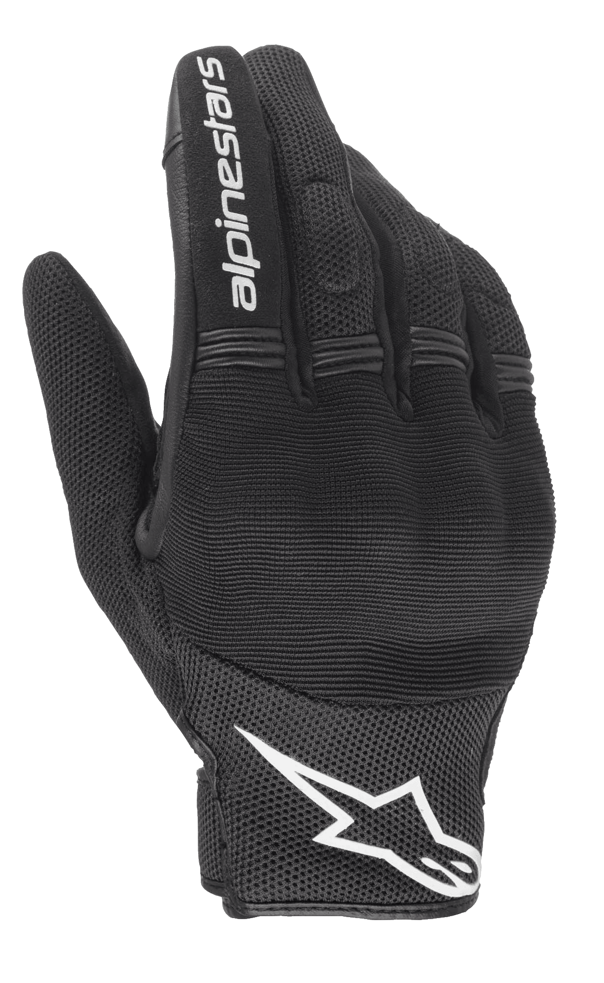 Alpinestars Stella Copper Damen-Handschuhe, Schwarz und Weiß, Rückhandansicht mit Mesh-Konstruktion und Hartschalen-Knöchelschutz unter Spandex, weißer Alpinestars-Schriftzug auf dem Zeigefinger und Logo am Handgelenk, urbane Motorradbekleidung mit kurzer Manschette.