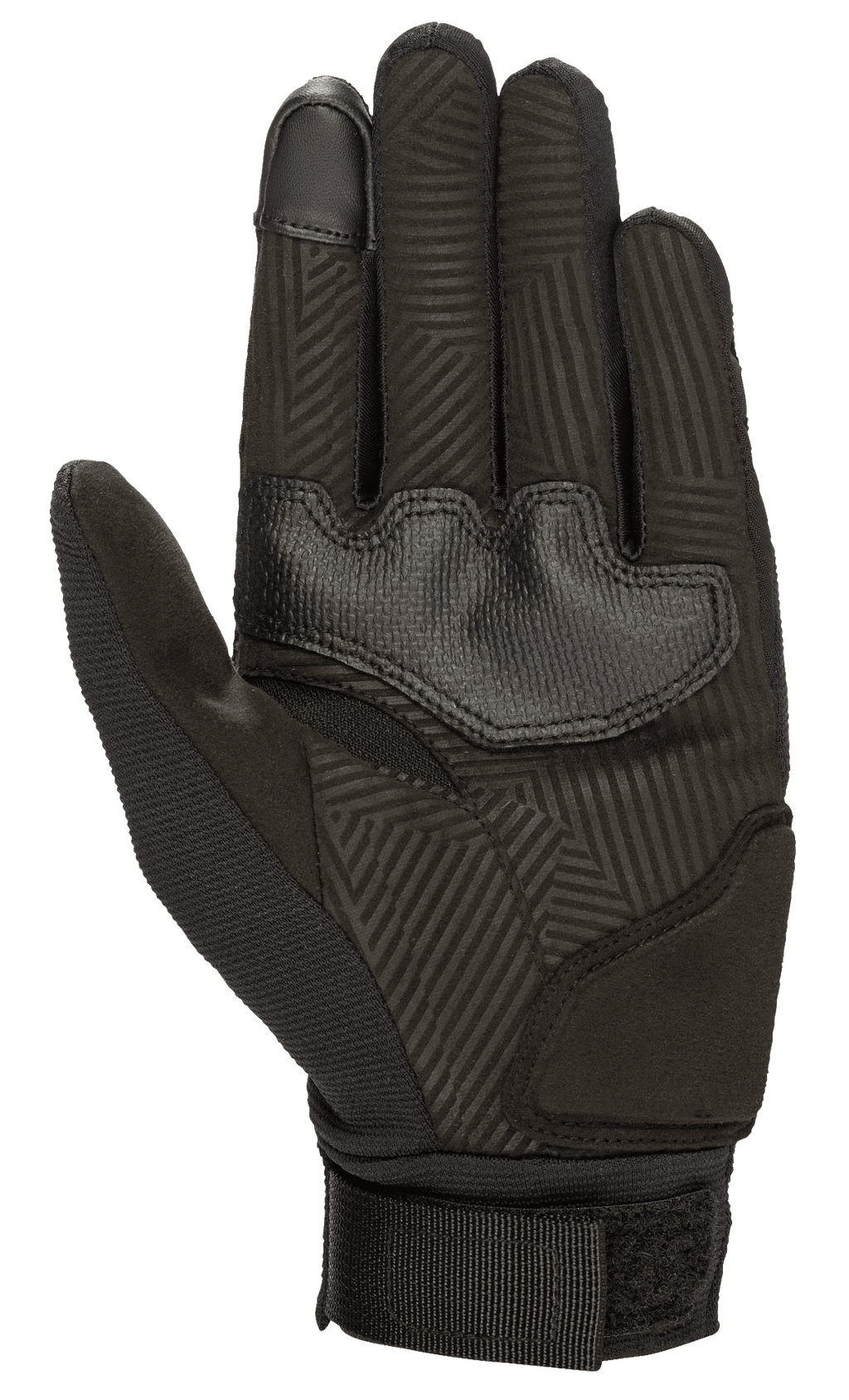 Alpinestars Stella Reef Damen-Handschuhe, Motorradhandschuhe, Schwarz, Ansicht der Handfläche aus synthetischem Wildleder mit geometrischem Grip-Muster, verstärkten Handflächenpolstern und verstellbarem Gurtband-Handgelenkverschluss für Komfort bei Stadtfahrten