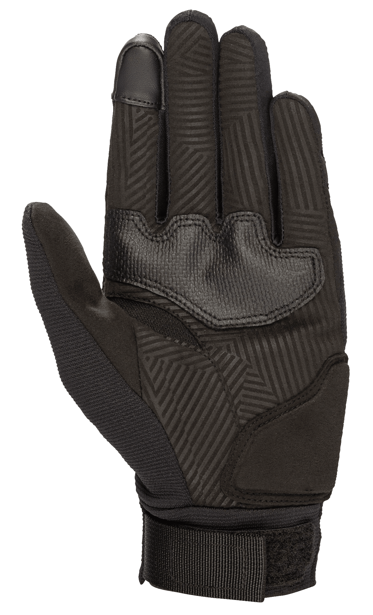 Alpinestars Stella Reef Damen-Handschuhe, Motorradhandschuhe, Schwarz, Ansicht der Handfläche aus synthetischem Wildleder mit geometrischem Grip-Muster, verstärkten Handflächenpolstern und verstellbarem Gurtband-Handgelenkverschluss für Komfort bei Stadtfahrten