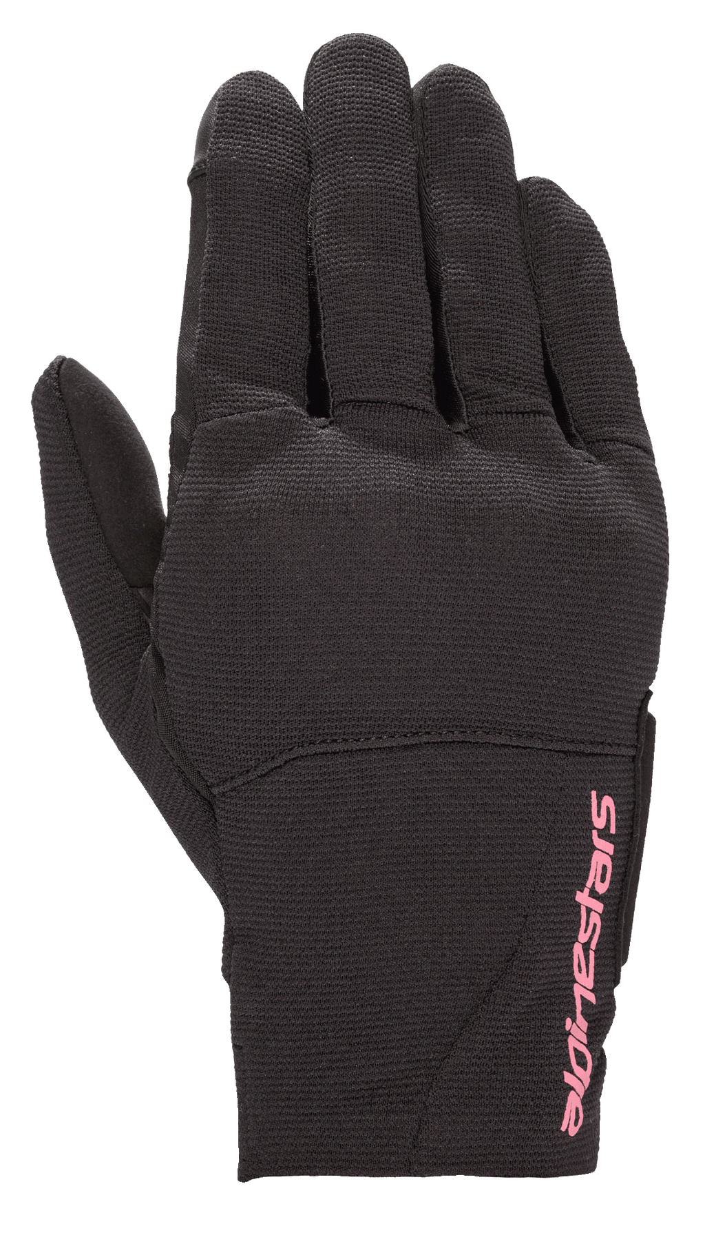 Alpinestars Stella Reef Damen-Handschuhe, Urban-Motorradhandschuhe, Schwarz mit fuchsia-pinkfarbenem Logo, Stretch-Gewebe-Konstruktion, kurzes Manschettendesign, texturiertes Material für Stadtfahrten