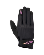 Alpinestars Stated Damen-Handschuhe, Urban-Motorradhandschuhe, Schwarz mit rosa-gelbem Logo-Farbverlauf, texturierte Airprene-Oberhand, Klettverschluss am Handgelenk, leichte und atmungsaktive Sommerausrüstung