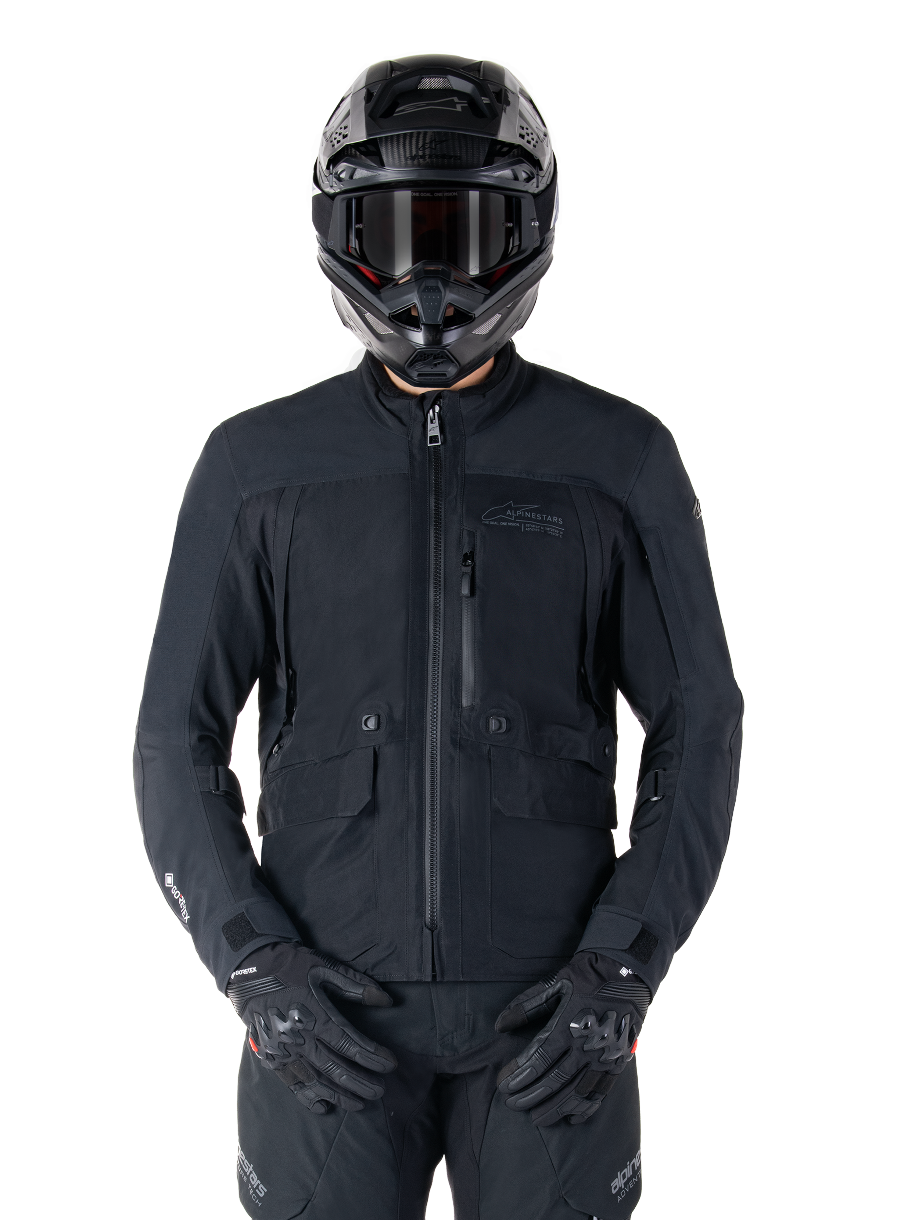 Alpinestars St-7 Prime GORE-TEX Jacket, Black Motorcycle Touring Jacket, Waterproof and Breathable, Front Zipper, Multiple Pockets, Worn with Matching Helmet and Gloves, Premium Protection for All-Weather Riding