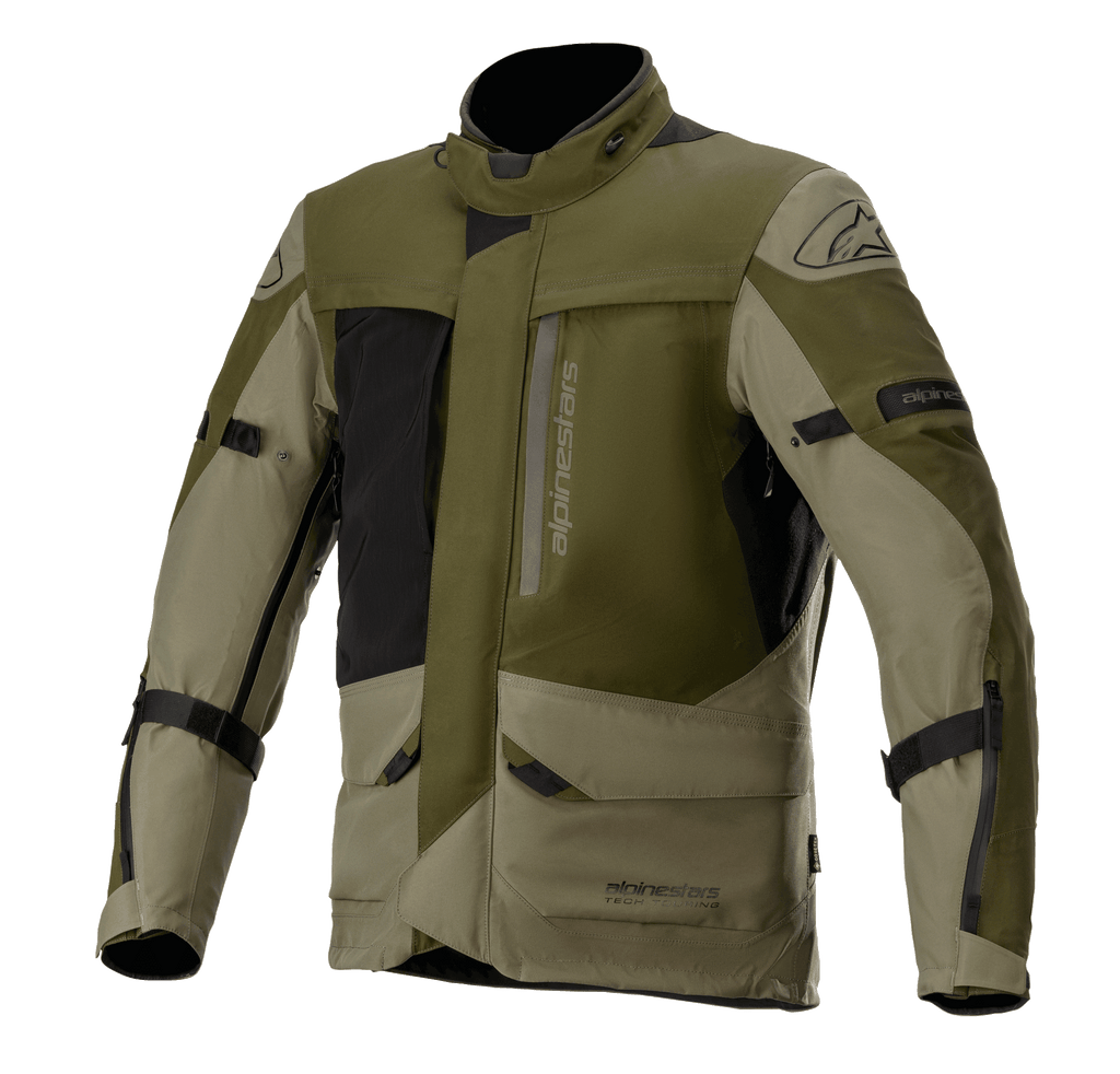 Alpinestars Altamira GORE-TEX Jacke, Motorrad-Tourenjacke, Forest Military Green und Oliv mit schwarzen Akzenten, mehrere funktionale Fronttaschen und Reißverschlüsse, verstellbare Armriemen, hoher Kragen, wasserdichte technische Konstruktion für Adventure-Riding