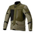 Alpinestars Altamira GORE-TEX Jacke, Motorrad-Tourenjacke, Forest Military Green und Oliv mit schwarzen Akzenten, mehrere funktionale Fronttaschen und Reißverschlüsse, verstellbare Armriemen, hoher Kragen, wasserdichte technische Konstruktion für Adventure-Riding