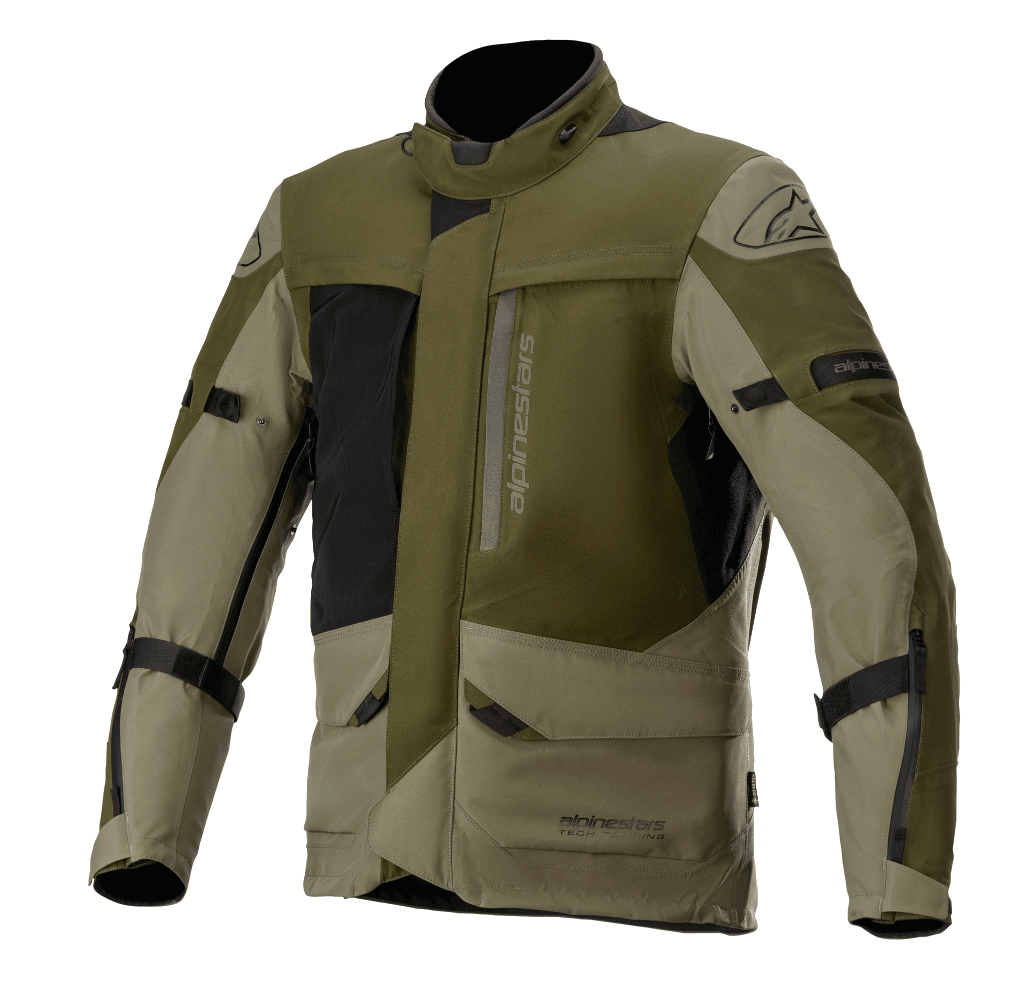 Alpinestars Altamira GORE-TEX Jacke, Motorrad-Tourenjacke, Forest Military Green und Oliv mit schwarzen Akzenten, mehrere funktionale Fronttaschen und Reißverschlüsse, verstellbare Armriemen, hoher Kragen, wasserdichte technische Konstruktion für Adventure-Riding