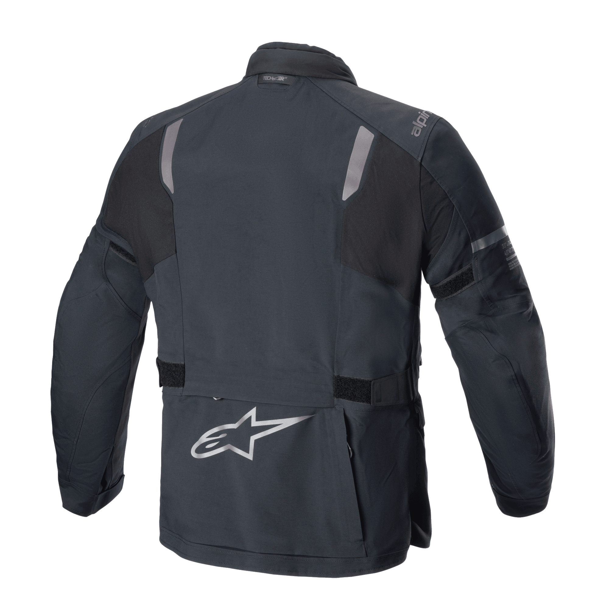 Alpinestars ST-7 2L GORE-TEX Jacket, Rear View, Black and Dark Gray, featuring reflective shoulder panels, silver Alpinestars star logo on the lower back, and adjustable waist straps, adventure touring motorcycle gear