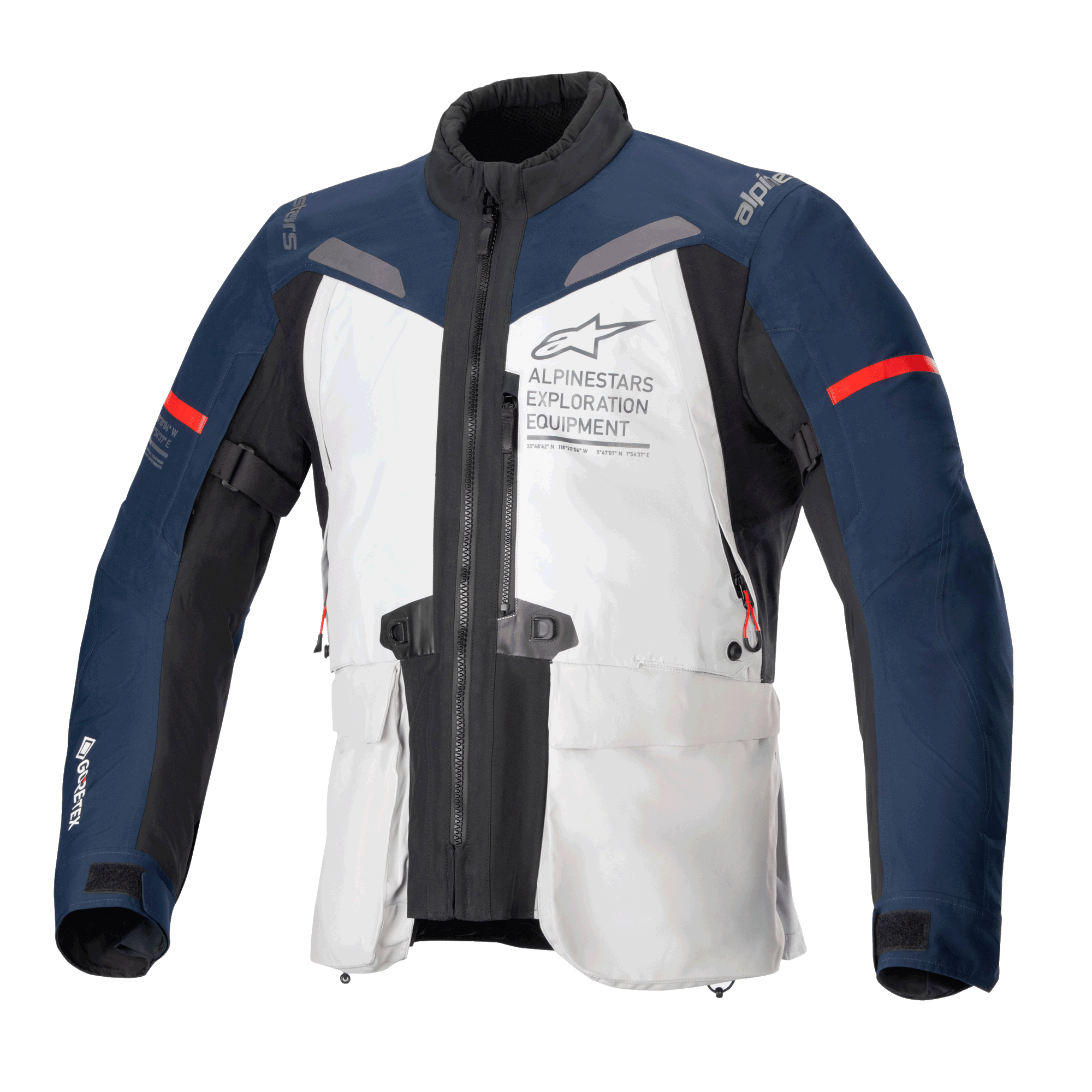 Alpinestars ST-7 2L GORE-TEX Jacke, Adventure Touring Motorradjacke, Eisgrau, Dunkelblau und Schwarz, wasserdichte GORE-TEX laminierte Konstruktion, CE-zertifiziert