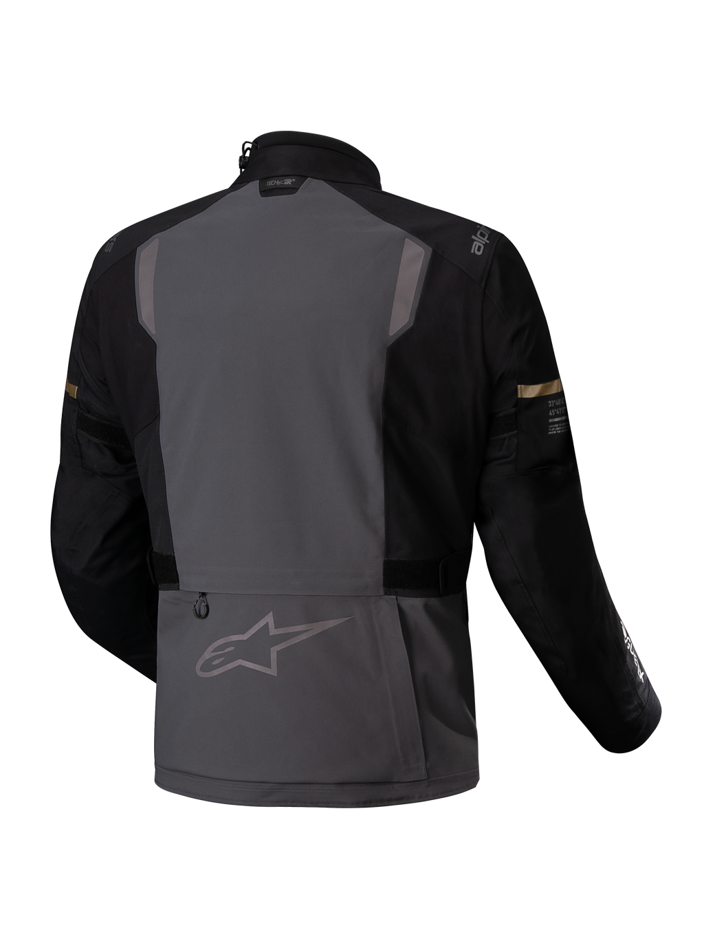 Alpinestars ST-7 2L GORE-TEX Jacke, wasserdichte Adventure-Motorradtouringjacke, Rückansicht in Dunkelgrau und Schwarz mit reflektierenden Details und CE-Zertifizierung