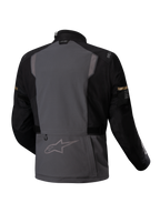 Alpinestars ST-7 2L GORE-TEX Jacke, wasserdichte Adventure-Motorradtouringjacke, Rückansicht in Dunkelgrau und Schwarz mit reflektierenden Details und CE-Zertifizierung
