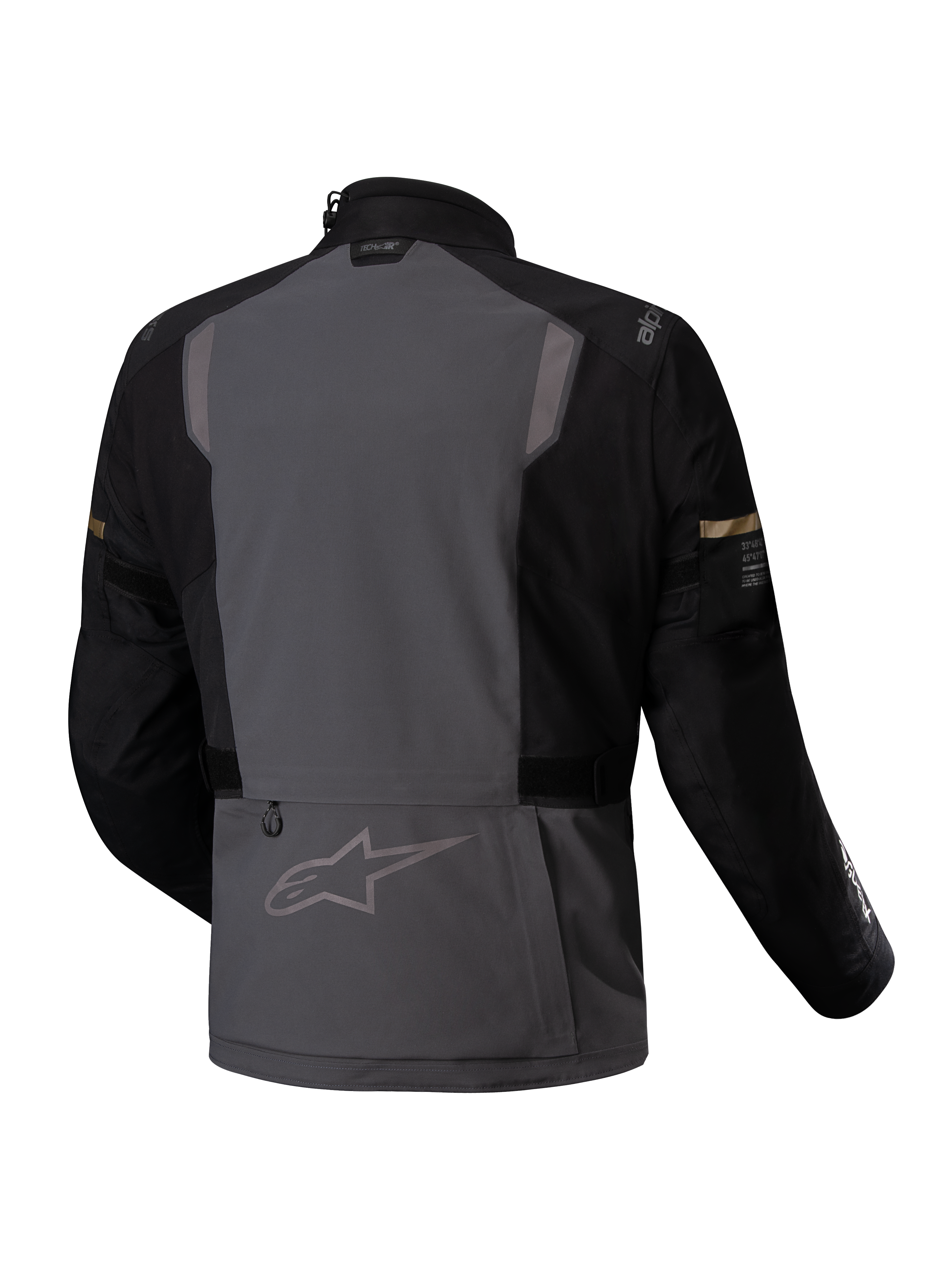 Alpinestars ST-7 2L GORE-TEX Jacke, wasserdichte Adventure-Motorradtouringjacke, Rückansicht in Dunkelgrau und Schwarz mit reflektierenden Details und CE-Zertifizierung