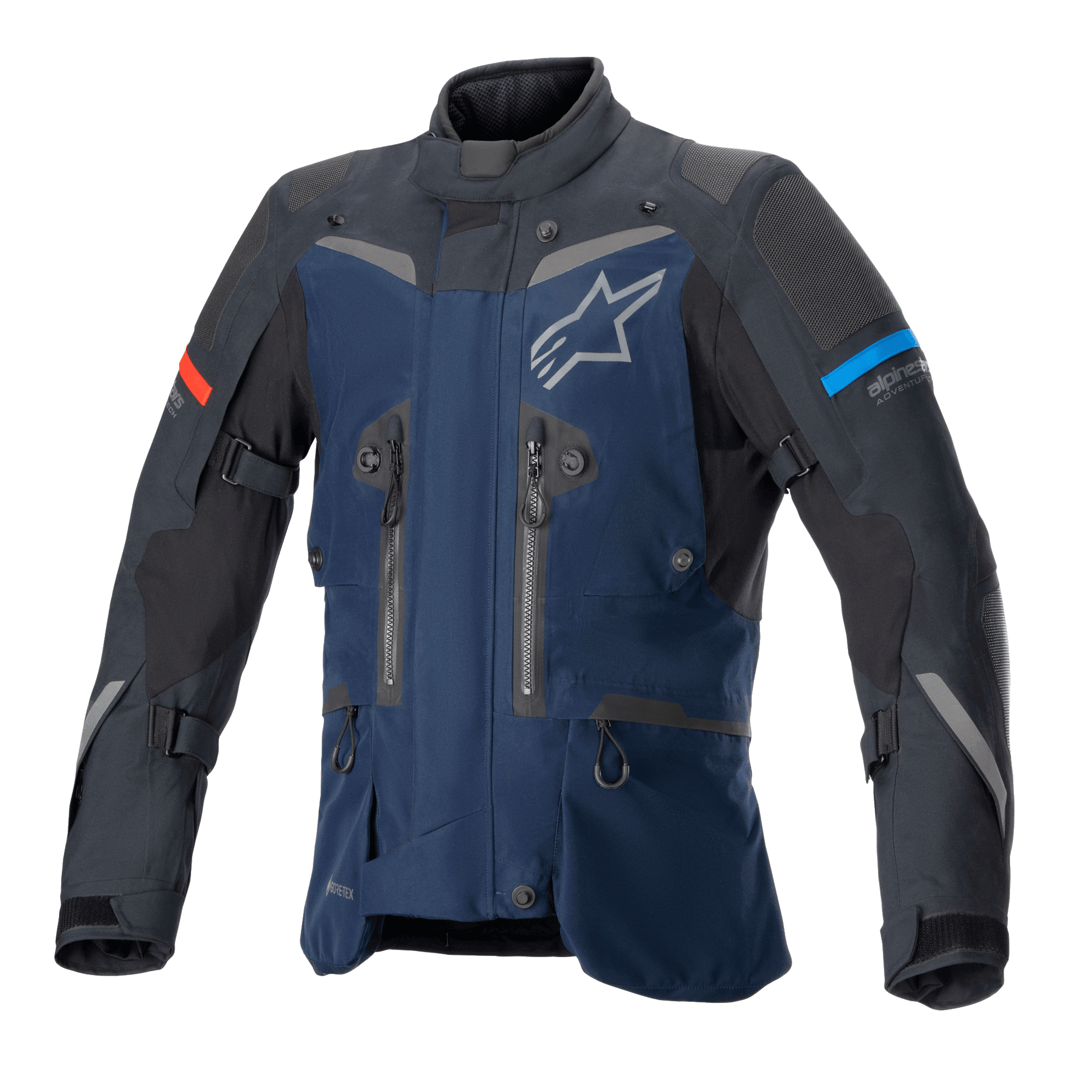 Alpinestars Boulder GORE-TEX Jacke, dunkelblaue und schwarze Adventure-Tourenjacke, wasserdichte Textilkonstruktion, weißes Stern-Logo auf der Brust, rote und hellblaue Akzente an den Ärmeln, mehrere Belüftungsreißverschlüsse und Verstellriemen, strapazierfähige technische Ausrüstung für Fahrten bei jedem Wetter