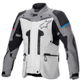 Alpinestars Boulder GORE-TEX Jacke, Adventure-Touren-Motorradjacke, Dunkelgrau und Eisgrau, mit mehreren Belüftungsreißverschlüssen, verstärkten Schulter- und Ellbogenpartien mit blauen und roten Akzenten, großem Alpinestars-Logo auf der Brust, leistungsstarke wasserdichte technische Ausrüstung