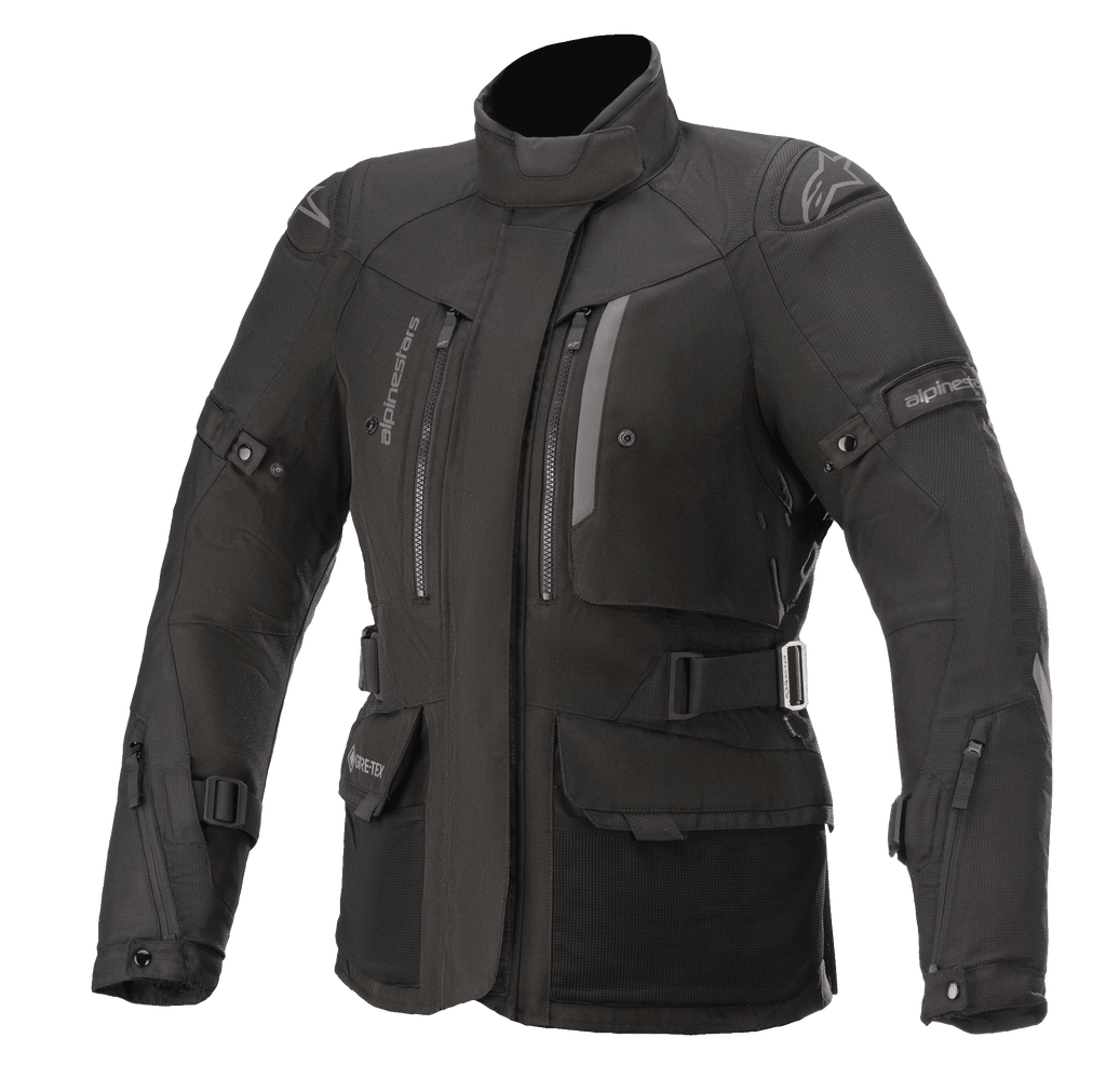 Alpinestars Stella Ketchum GORE-TEX Damenjacke, schwarze Motorrad-Tourenjacke, wasserdichte und atmungsaktive Textilkonstruktion, hoher Kragen mit Brust-Belüftungsöffnungen mit Reißverschluss, verstellbare Taillen- und Armriemen, strapazierfähiges Gewebe mit verstärktem Schulterschutz