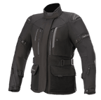 Alpinestars Stella Ketchum GORE-TEX Damenjacke, schwarze Motorrad-Tourenjacke, wasserdichte und atmungsaktive Textilkonstruktion, hoher Kragen mit Brust-Belüftungsöffnungen mit Reißverschluss, verstellbare Taillen- und Armriemen, strapazierfähiges Gewebe mit verstärktem Schulterschutz