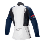 Alpinestars Damen Stella ST-7 2L GORE-TEX Jacke, Rückansicht, Eisgrau, Dunkelblau und Schwarz, mit rotem Streifen am Ärmel und Alpinestars-Logo, Adventure-Touring-Motorradausrüstung