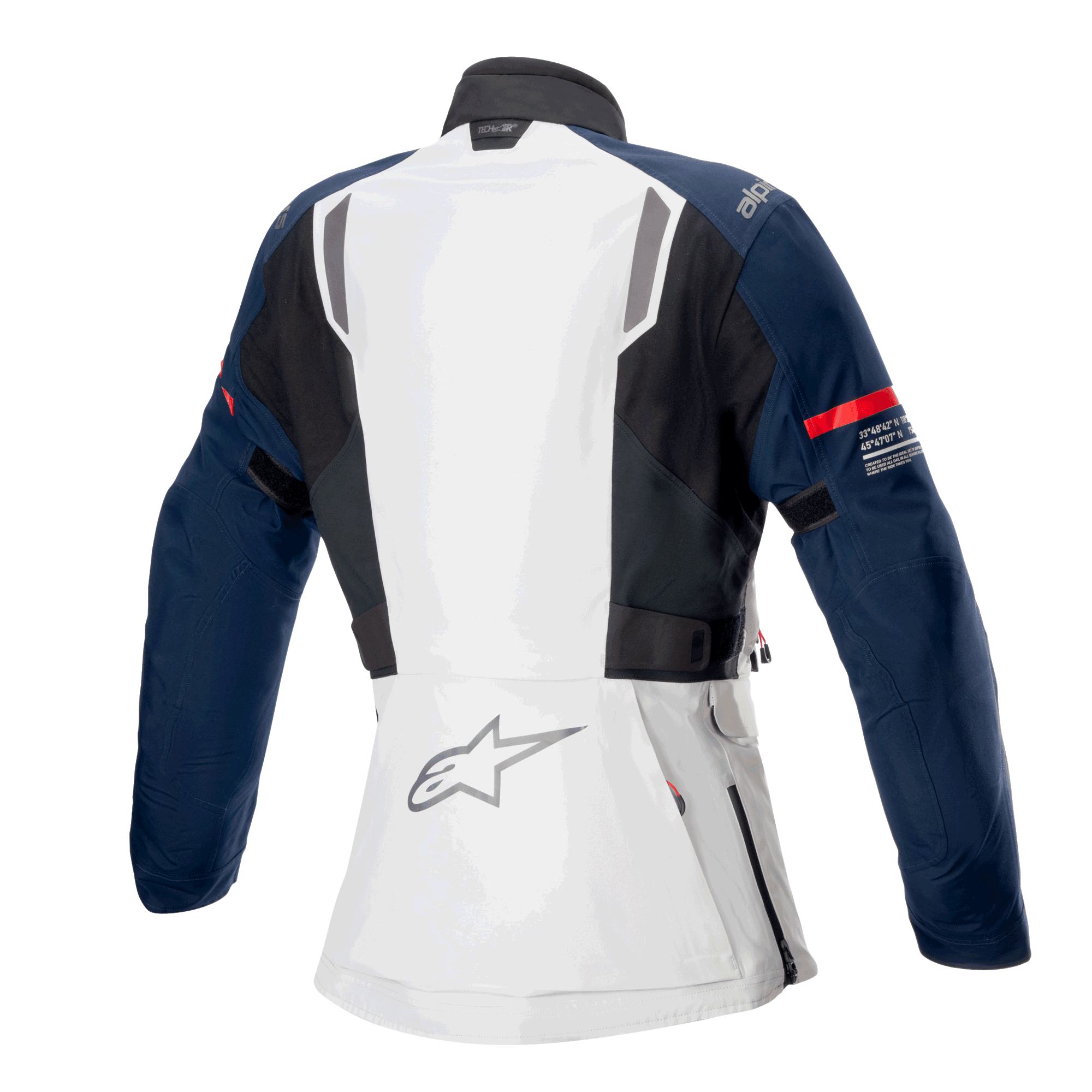 Alpinestars Damen Stella ST-7 2L GORE-TEX Jacke, Rückansicht, Eisgrau, Dunkelblau und Schwarz, mit rotem Streifen am Ärmel und Alpinestars-Logo, Adventure-Touring-Motorradausrüstung