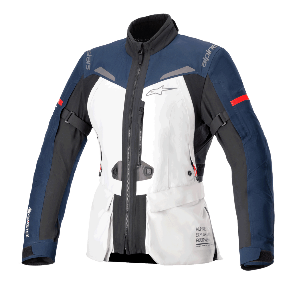 Alpinestars Stella ST-7 2L GORE-TEX Damenjacke, Motorrad-Tourenjacke, Eisgrau, Dunkelblau und Schwarz mit roten Akzenten, Cargo-Fronttaschen, verstellbare Armriemen, hoher Kragen und laminierte wasserdichte Konstruktion für Adventure-Touring