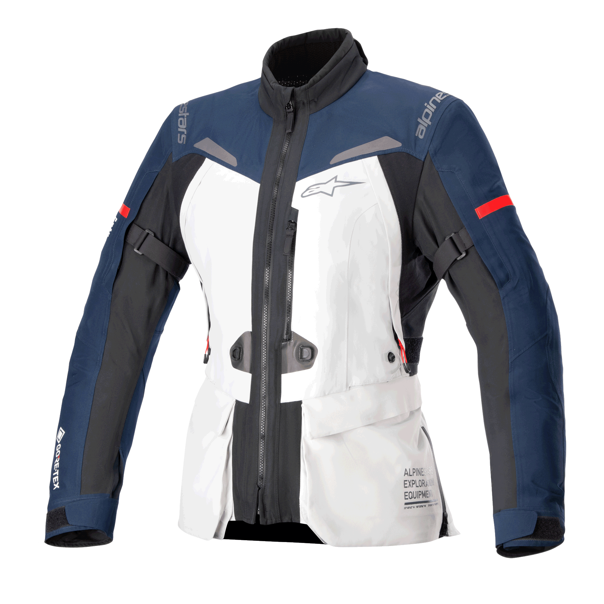 Alpinestars Stella ST-7 2L GORE-TEX Damenjacke, Motorrad-Tourenjacke, Eisgrau, Dunkelblau und Schwarz mit roten Akzenten, Cargo-Fronttaschen, verstellbare Armriemen, hoher Kragen und laminierte wasserdichte Konstruktion für Adventure-Touring