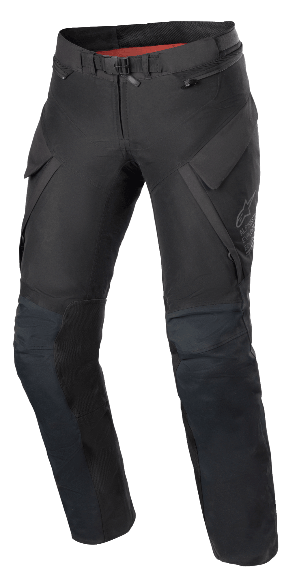 Alpinestars Damen Stella ST-7 2L GORE-TEX Hose, Adventure-Touring-Motorradhose, Schwarz und Dunkelgrau, Vorderansicht mit Cargotaschen, Magnetverschluss am Bund, vorgeformte Knie mit Protektorenpositionierung und dezentes Alpinestars-Branding am Oberschenkel.