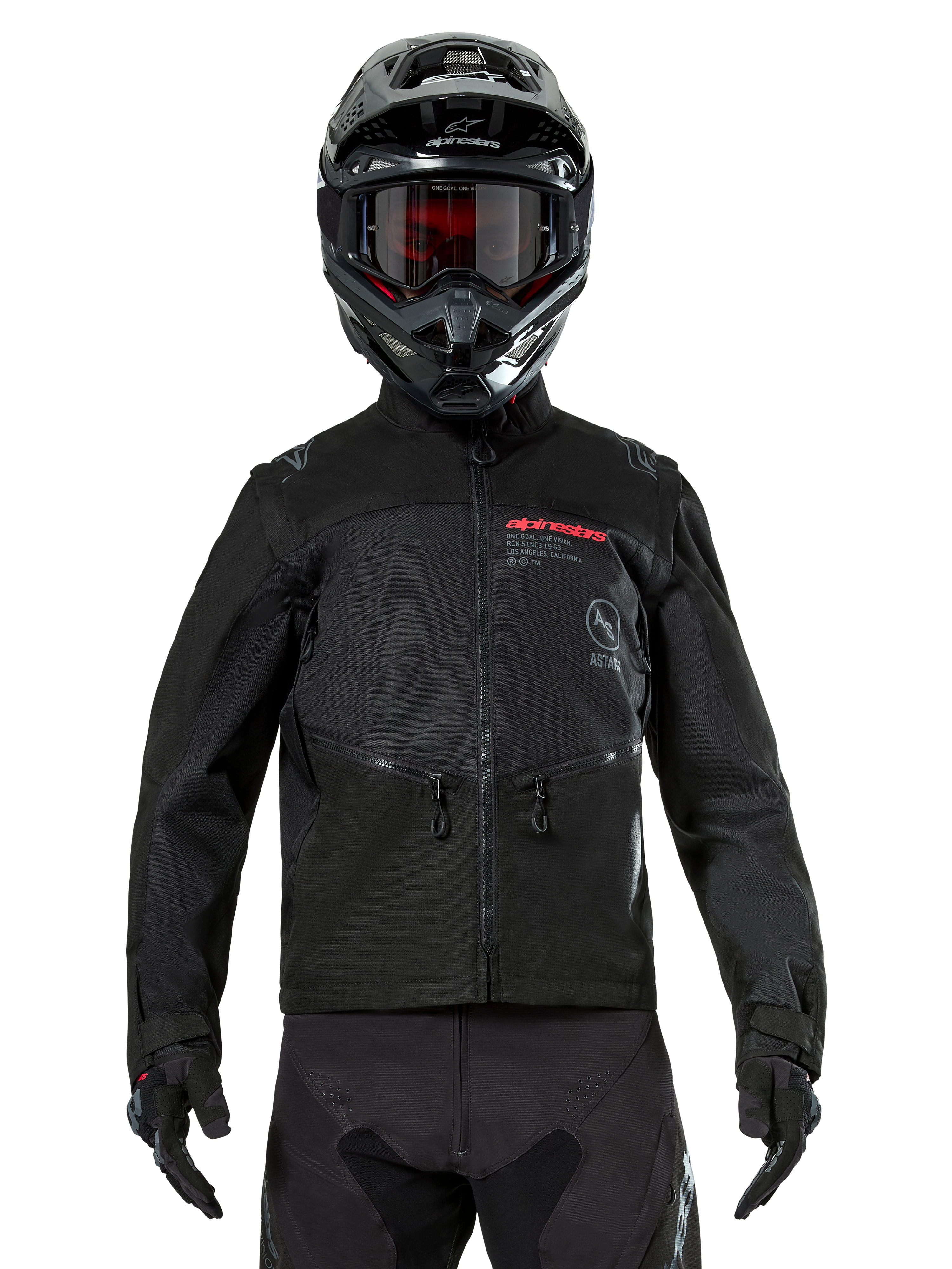 Alpinestars Pro-Dura Jacket, Black Off-road Motorcycle Jacket, front view worn by a rider with a matching black helmet and goggles, featuring red Alpinestars branding, zippered chest pockets, and durable textile construction for enduro riding.