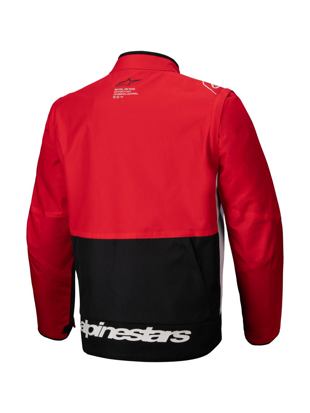 Alpinestars Pro-Dura Jacke, Offroad-Enduro-Jacke, Schwarz Hellrot Weiß, Rückansicht, roter Oberkörper und Ärmel, schwarzer unterer Bereich, weißes Alpinestars-Logo am unteren Saum, strapazierfähige Ripstop-Textilkonstruktion für aggressives Trail-Fahren