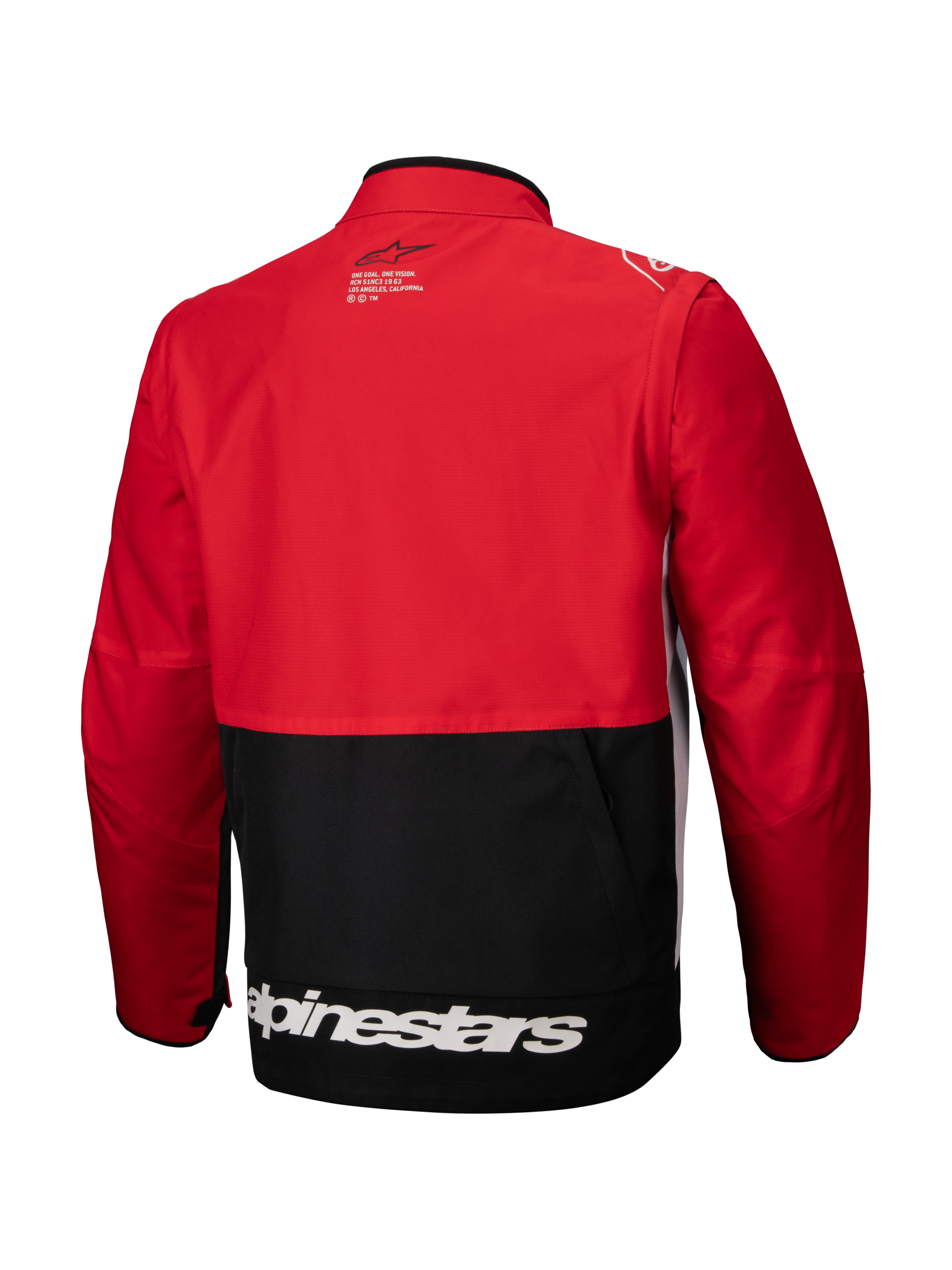Alpinestars Pro-Dura Jacke, Offroad-Enduro-Jacke, Schwarz Hellrot Weiß, Rückansicht, roter Oberkörper und Ärmel, schwarzer unterer Bereich, weißes Alpinestars-Logo am unteren Saum, strapazierfähige Ripstop-Textilkonstruktion für aggressives Trail-Fahren