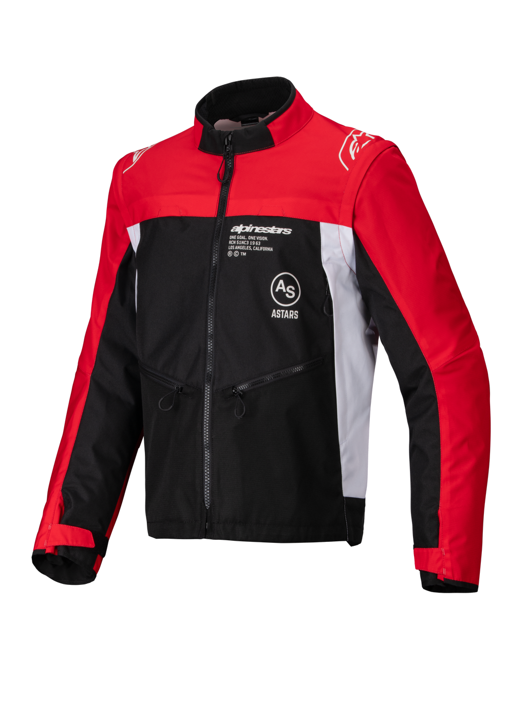 Alpinestars Pro-Dura Jacke, Offroad-Motorradjacke, Schwarz, Hellrot und Weiß, mit hohem Kragen, Frontreißverschluss und Ripstop-Textilkonstruktion, roten Ärmeln, weißen Seiteneinsätzen und Alpinestars-Branding auf der Brust.