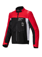 Alpinestars Pro-Dura Jacke, Offroad-Motorradjacke, Schwarz, Hellrot und Weiß, mit hohem Kragen, Frontreißverschluss und Ripstop-Textilkonstruktion, roten Ärmeln, weißen Seiteneinsätzen und Alpinestars-Branding auf der Brust.