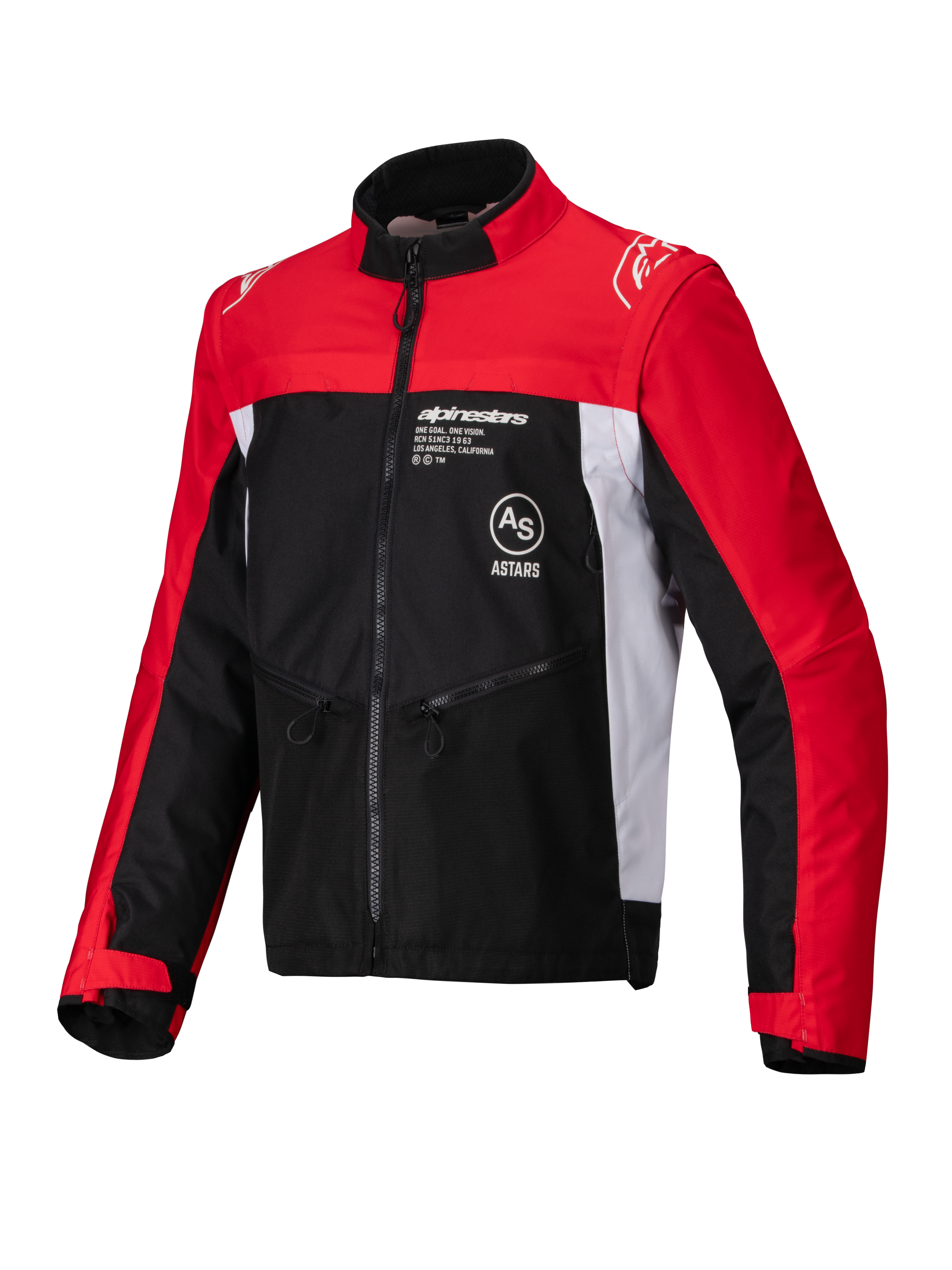 Alpinestars Pro-Dura Jacke, Offroad-Motorradjacke, Schwarz, Hellrot und Weiß, mit hohem Kragen, Frontreißverschluss und Ripstop-Textilkonstruktion, roten Ärmeln, weißen Seiteneinsätzen und Alpinestars-Branding auf der Brust.