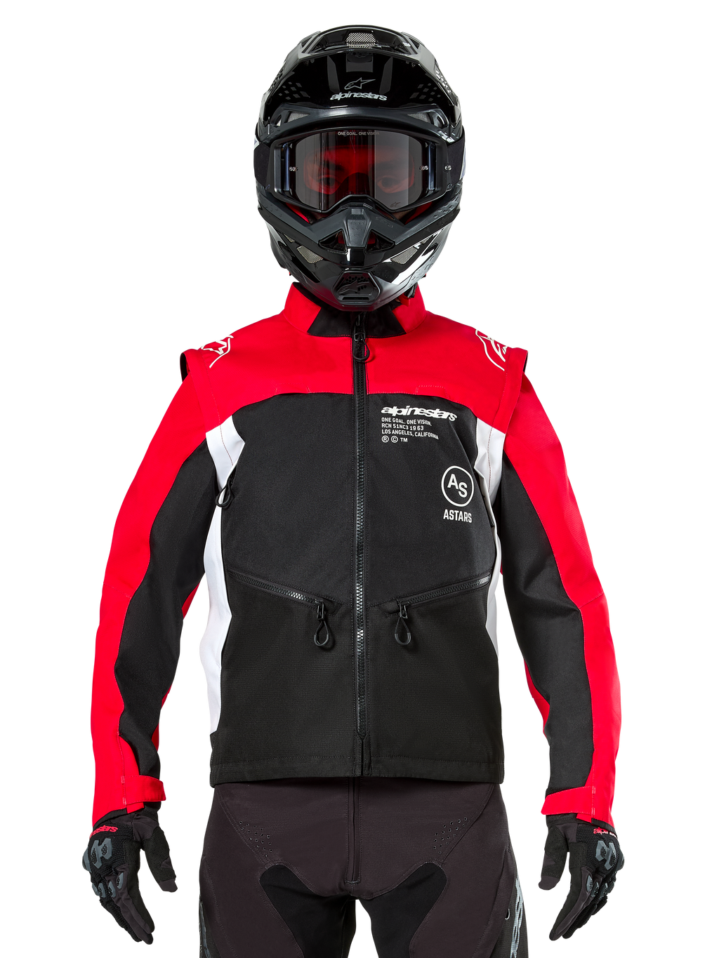Alpinestars Pro-Dura Jacke, Offroad-Motorradjacke, Schwarz, Hellrot und Weiß, getragen von einem Fahrer mit schwarzem Motocross-Helm und Brille, strapazierfähige Ripstop-Konstruktion und weiße Seitenpanels, entwickelt für Enduro- und Trailfahrten