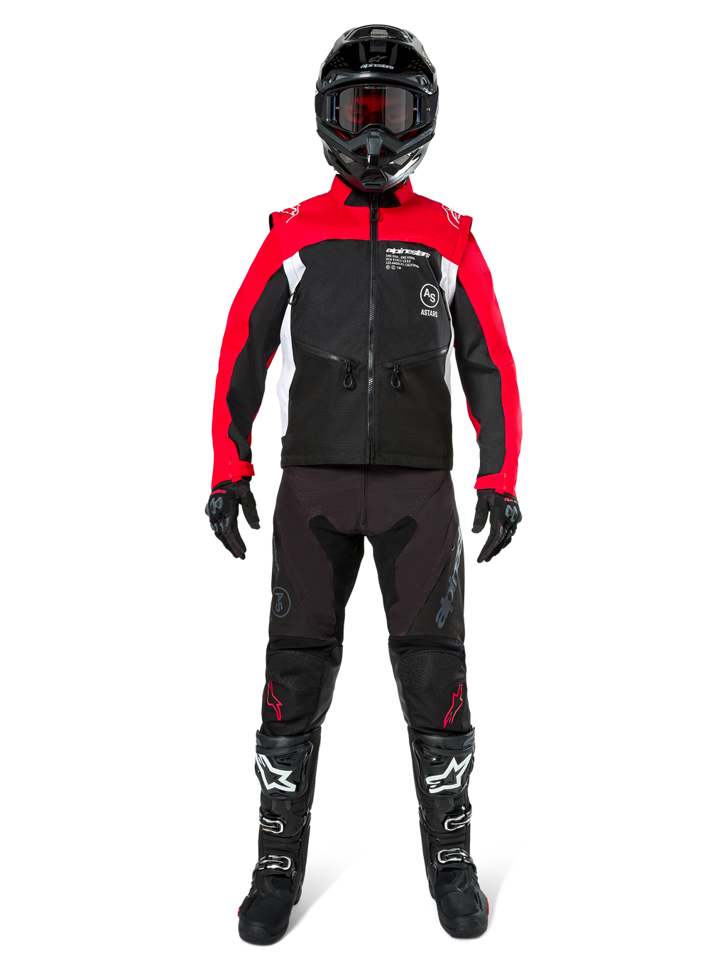 Motocross-Fahrer in kompletter Offroad-Ausrüstung, Alpinestars Pro-Dura Jacke in Schwarz, leuchtendem Rot und Weiß, schwarze Hose mit roten Akzenten, schwarzer Helm mit roter Brille, schwarz-weiße Stiefel, abgestimmtes Outfit für Enduro- und Trail-Fahrten