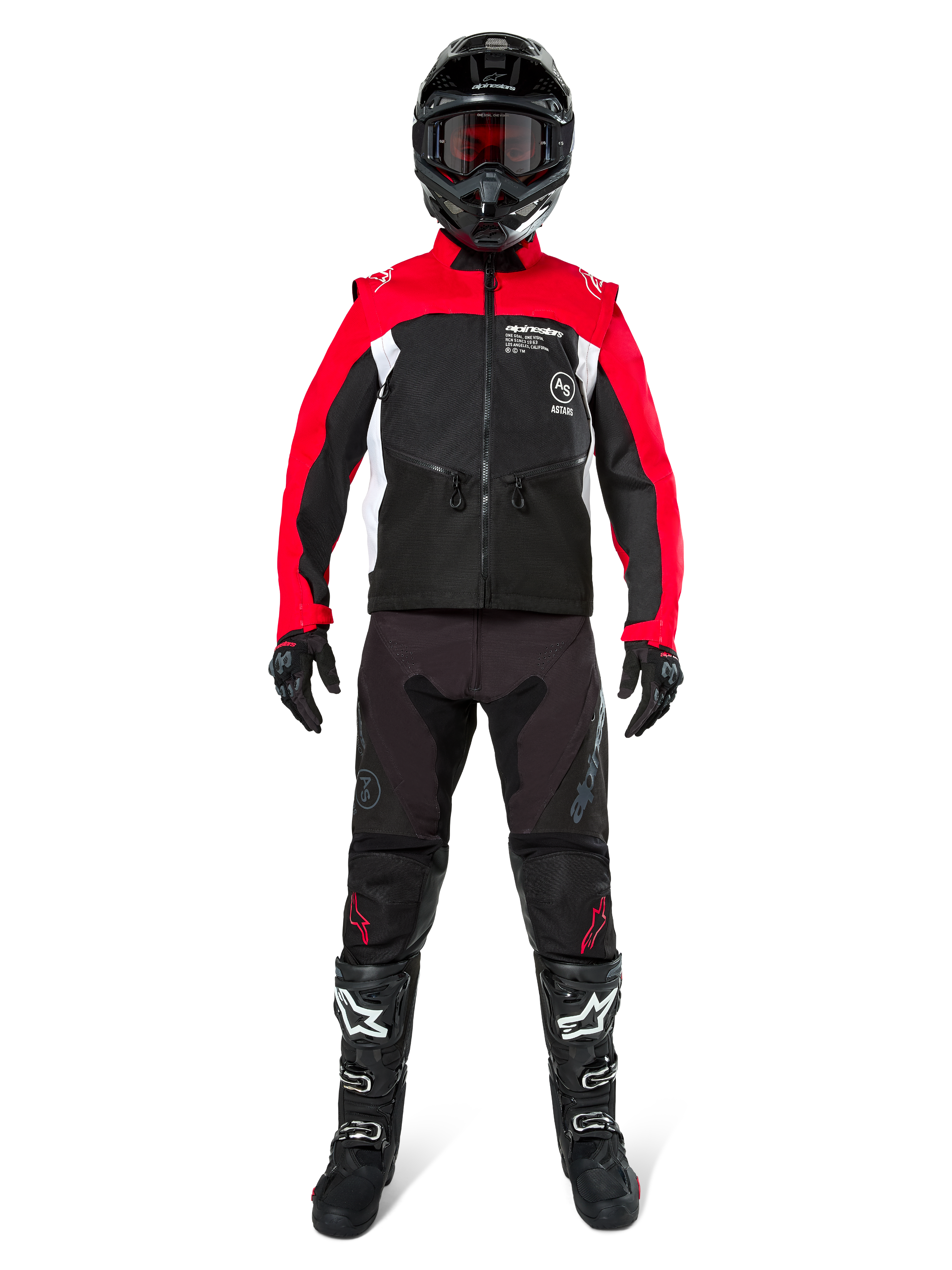 Motocross-Fahrer in kompletter Offroad-Ausrüstung, Alpinestars Pro-Dura Jacke in Schwarz, leuchtendem Rot und Weiß, schwarze Hose mit roten Akzenten, schwarzer Helm mit roter Brille, schwarz-weiße Stiefel, abgestimmtes Outfit für Enduro- und Trail-Fahrten