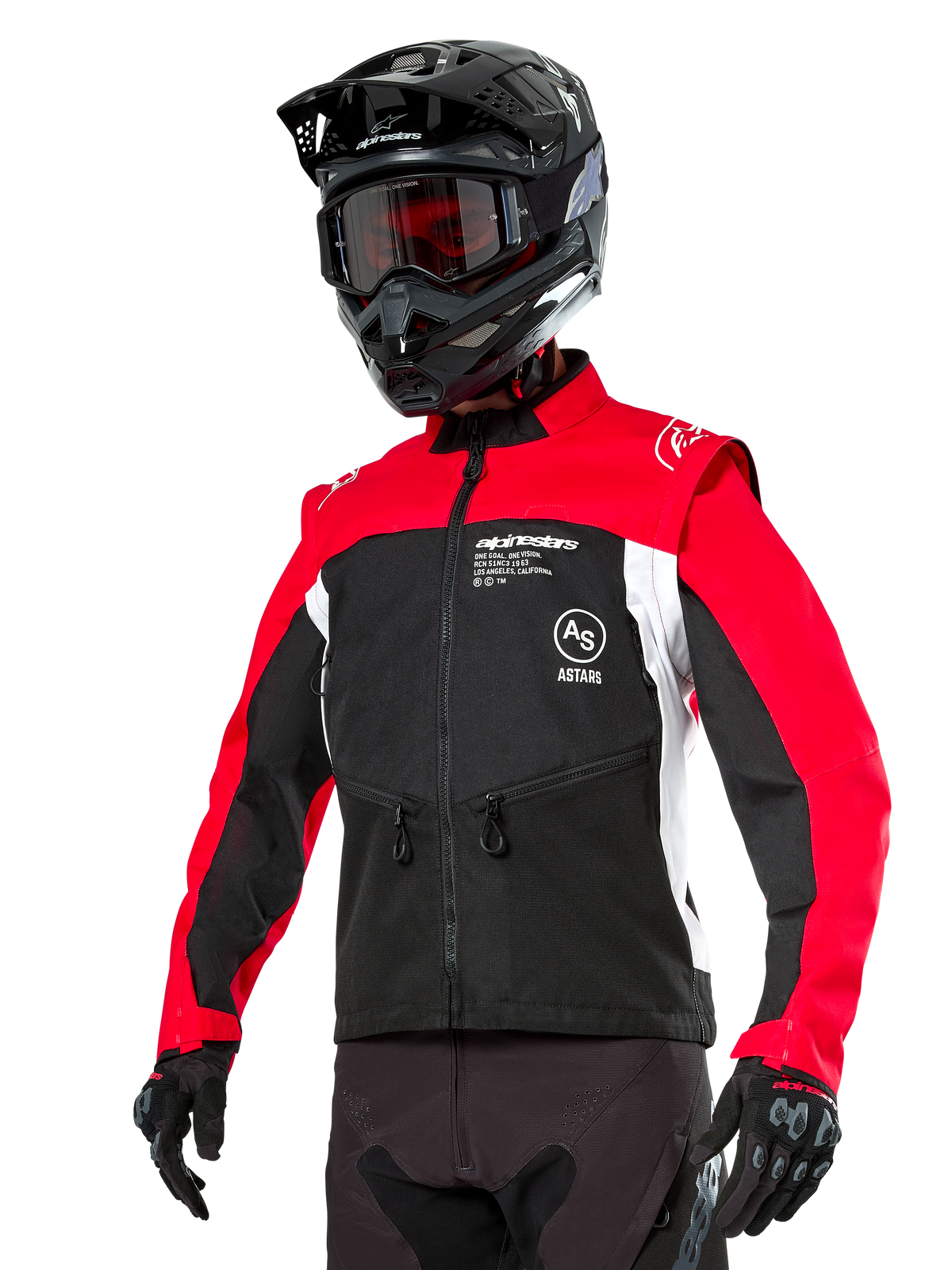 Alpinestars Pro-Dura Jacke, Offroad-Enduro-Motorradjacke, Schwarz mit leuchtendem Rot und weißem Colorblocking, getragen von einem Fahrer mit schwarzem Helm und Brille, mit vorderen Reißverschlusstaschen und Alpinestars-Branding, strapazierfähige Textilkonstruktion für Trail-Fahrten