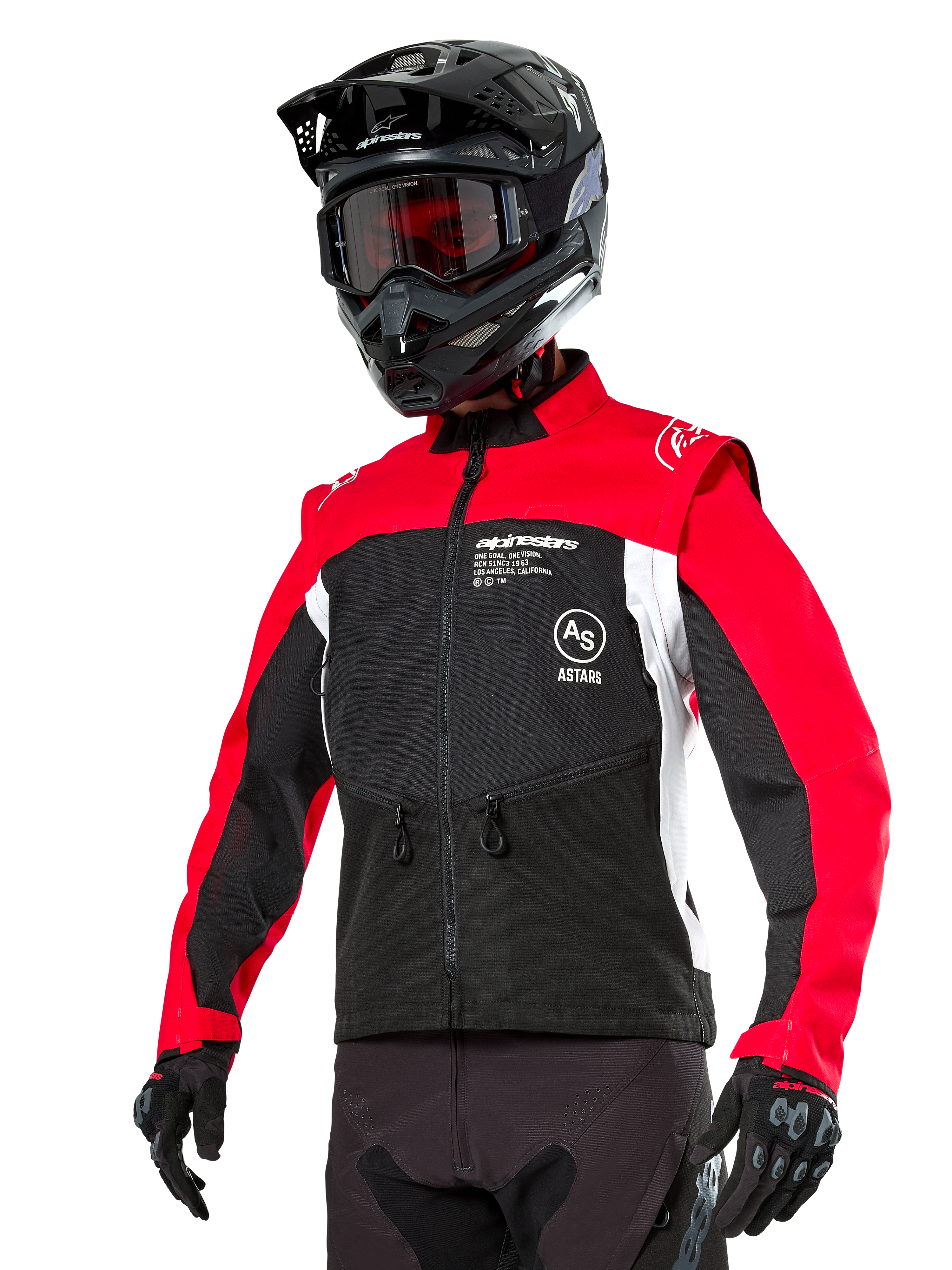 Alpinestars Pro-Dura Jacke, Offroad-Enduro-Motorradjacke, Schwarz mit leuchtendem Rot und weißem Colorblocking, getragen von einem Fahrer mit schwarzem Helm und Brille, mit vorderen Reißverschlusstaschen und Alpinestars-Branding, strapazierfähige Textilkonstruktion für Trail-Fahrten