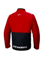 Alpinestars Lite-Dura Softshell-Jacke, Rückansicht, Off-Road-Enduro-Jacke, Schwarz und leuchtendes Rot mit weißen Akzenten, markanter weißer Alpinestars-Schriftzug am unteren Rücken, Color-Block-Design, funktionale Rückentasche, modulare Softshell für Motocross und Trailfahrten