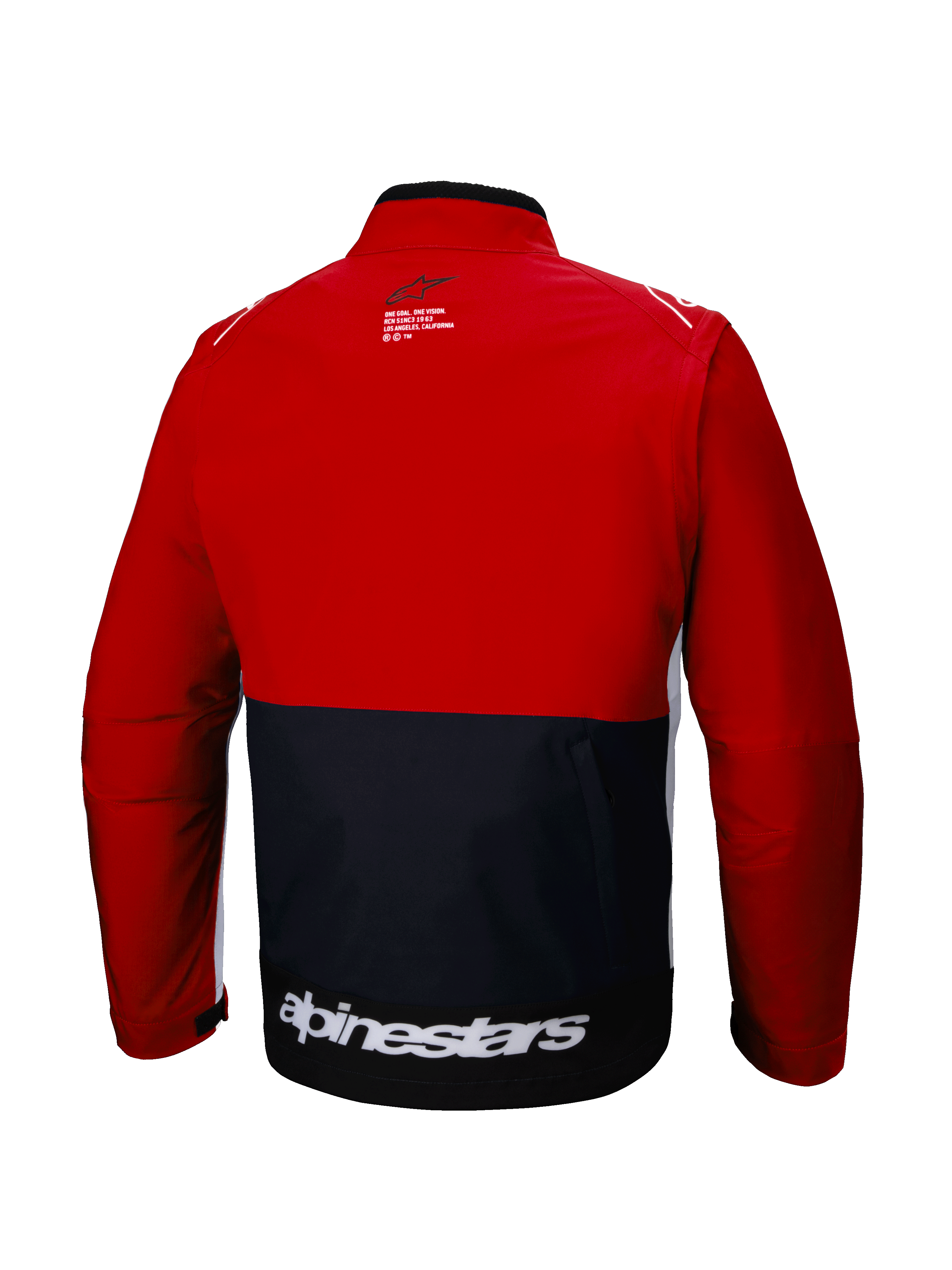 Alpinestars Lite-Dura Softshell-Jacke, Rückansicht, Off-Road-Enduro-Jacke, Schwarz und leuchtendes Rot mit weißen Akzenten, markanter weißer Alpinestars-Schriftzug am unteren Rücken, Color-Block-Design, funktionale Rückentasche, modulare Softshell für Motocross und Trailfahrten