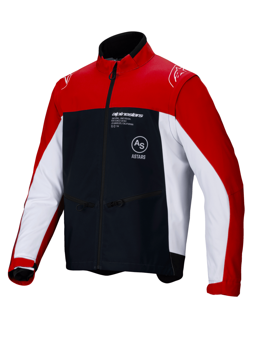Alpinestars Lite-Dura Softshell-Jacke, Offroad-Enduro-Motorradjacke, Schwarz, Leuchtendes Rot und Weiß, mit Color-Block-Design, roten Schultern und Außenärmeln, weißen Seiteneinsätzen, schwarzer Brust mit Alpinestars-Branding, Reißverschlusstaschen und Stehkragen-Design